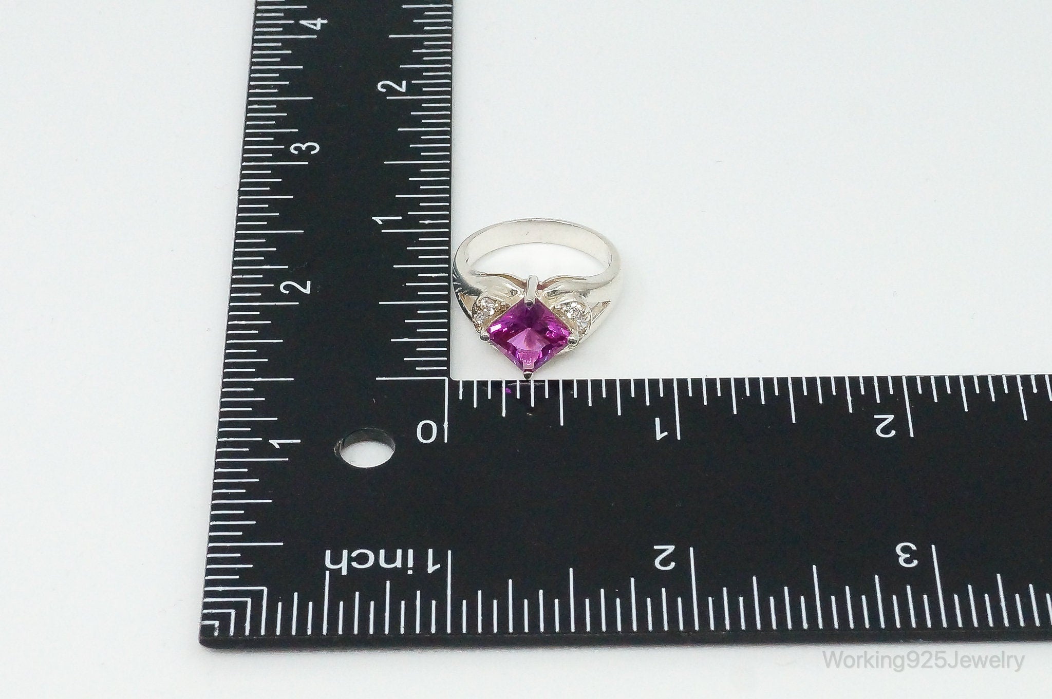 Vintage Large Pink Cubic Zirconia Sterling Silver Ring - Size 7.25