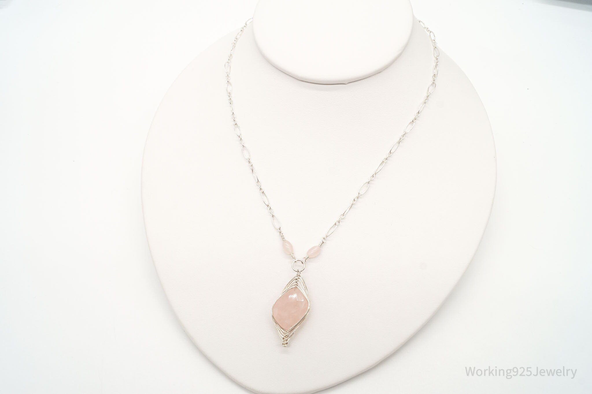 Vintage Large Rose Quartz Filigree Silver Necklace