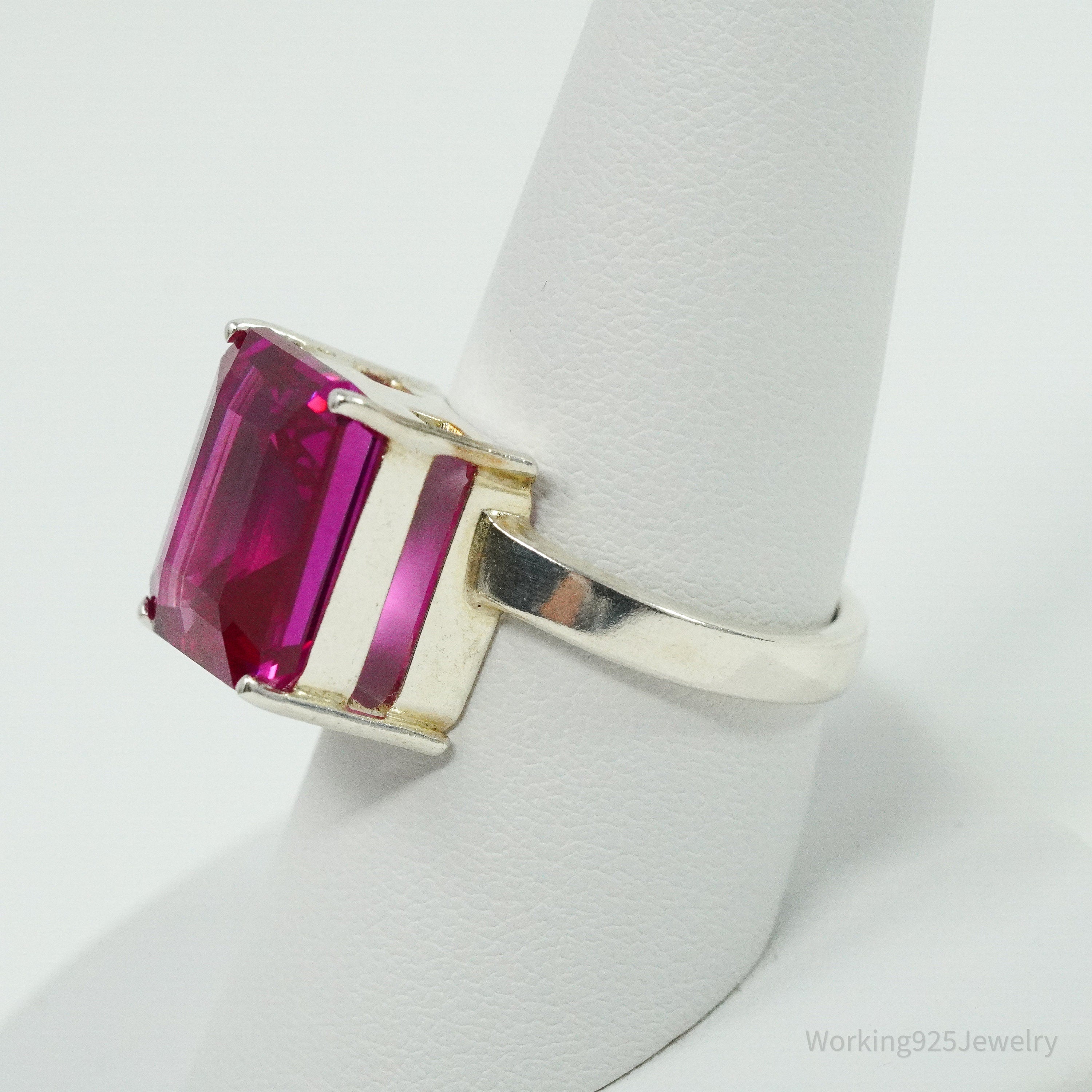 Vintage Lab Ruby Sterling Silver Ring - Size 8.75