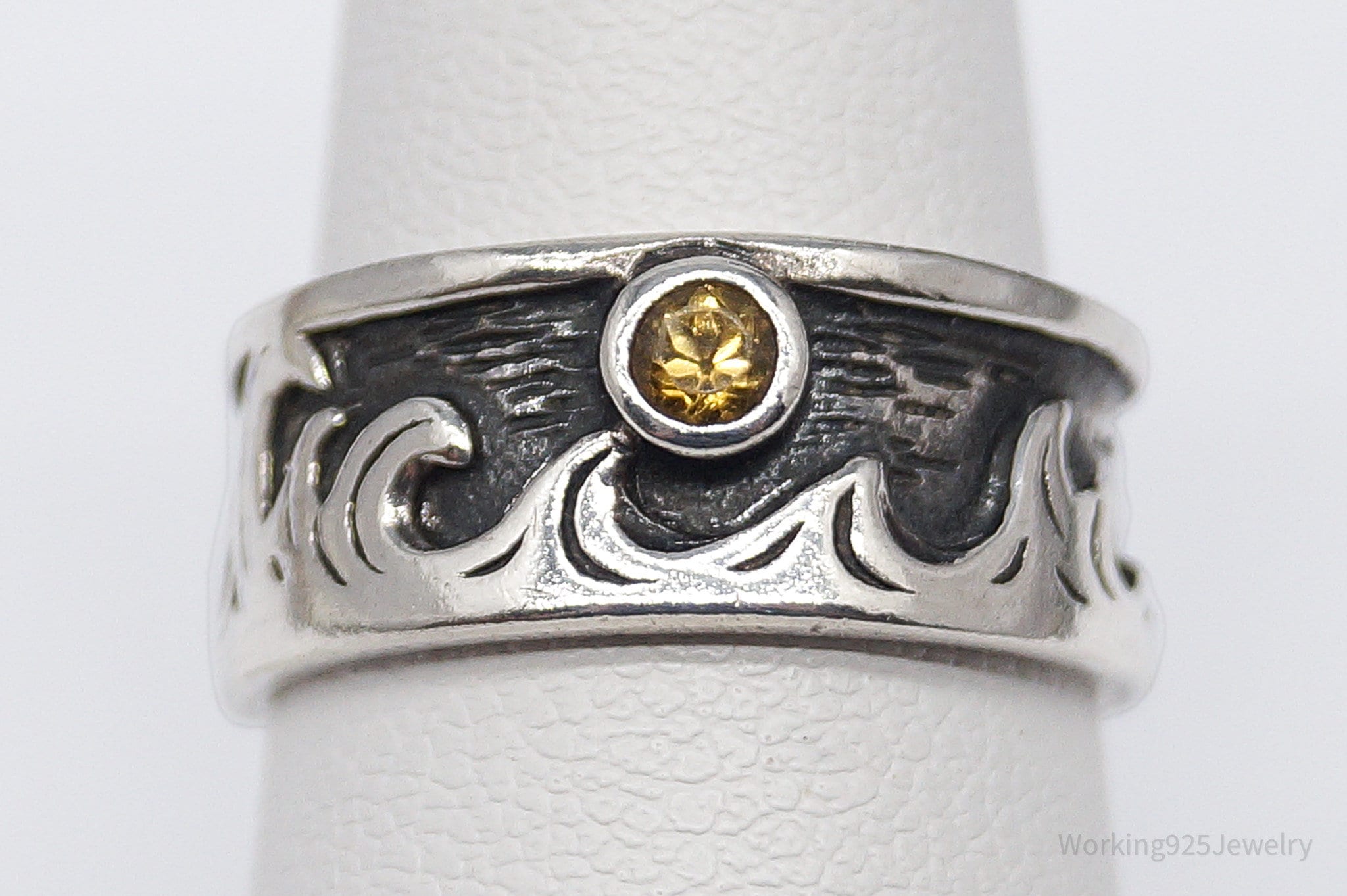 Vintage Boma Citrine Moon & Waves Sterling Silver Band Ring - Size 6.25