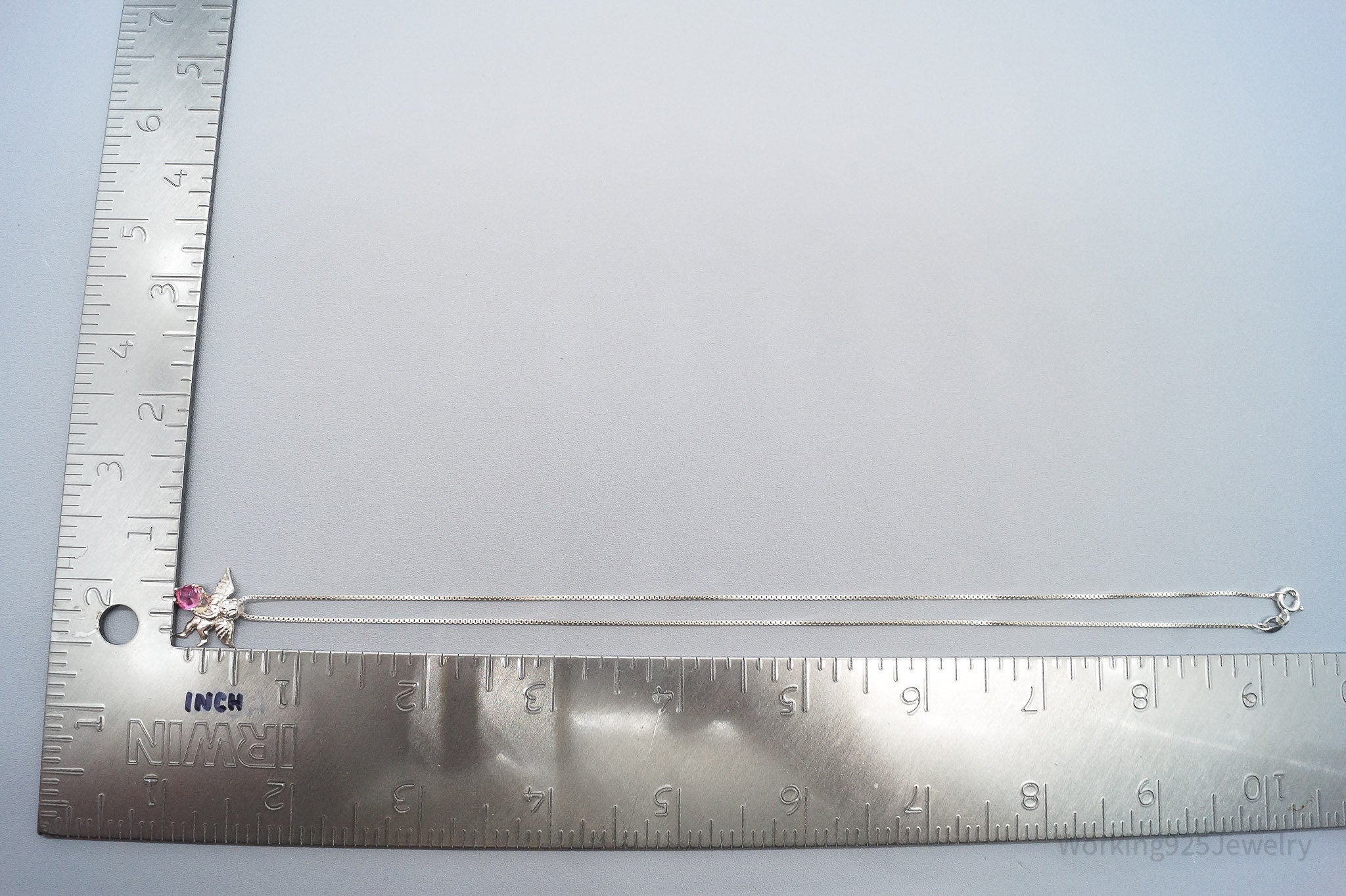 Vintage Angel Cherub Pink Gemstone Sterling Silver Necklace 18"