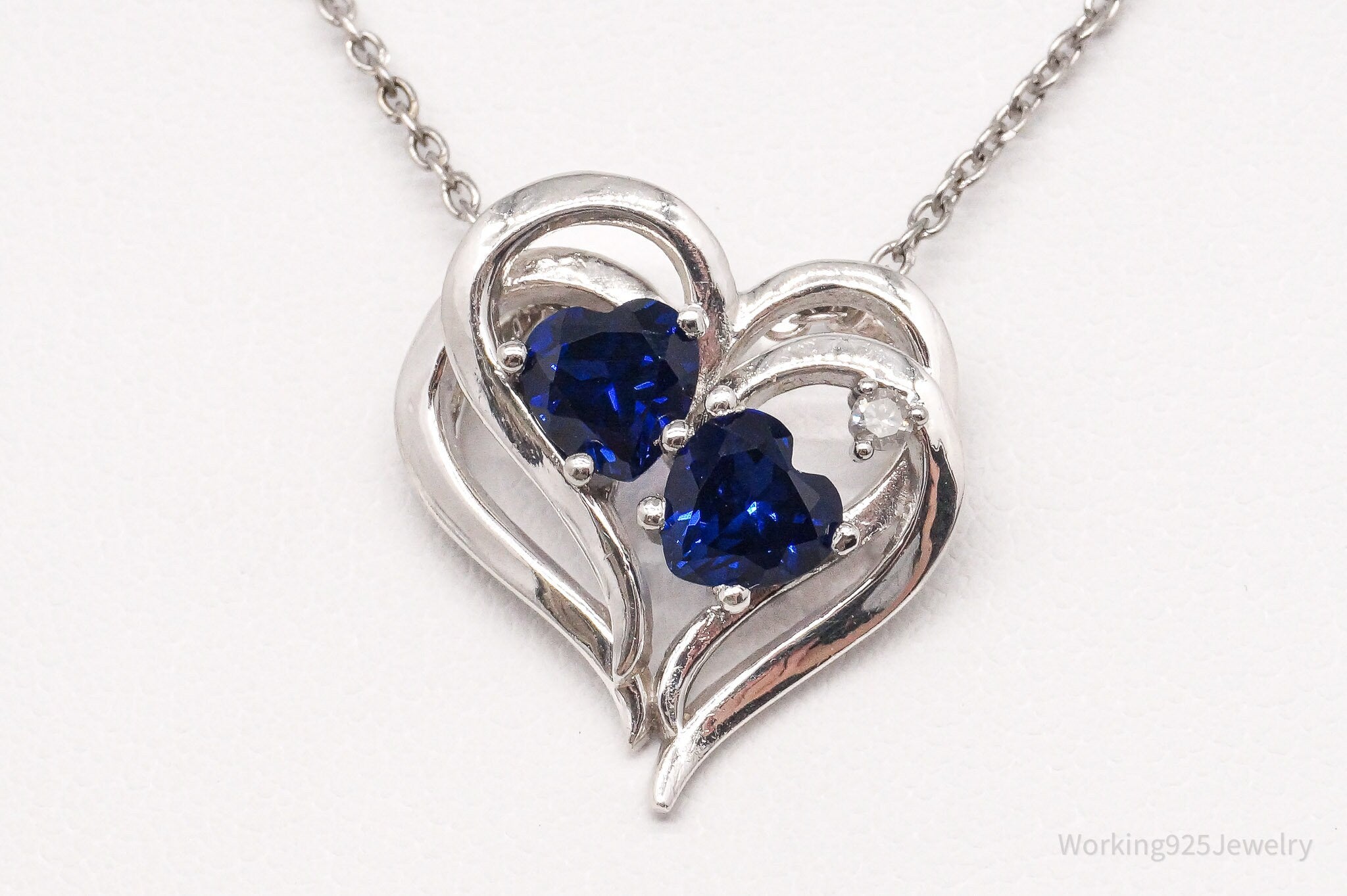 Vintage Lab Sapphire Diamond Heart Sterling Silver Necklace 18"