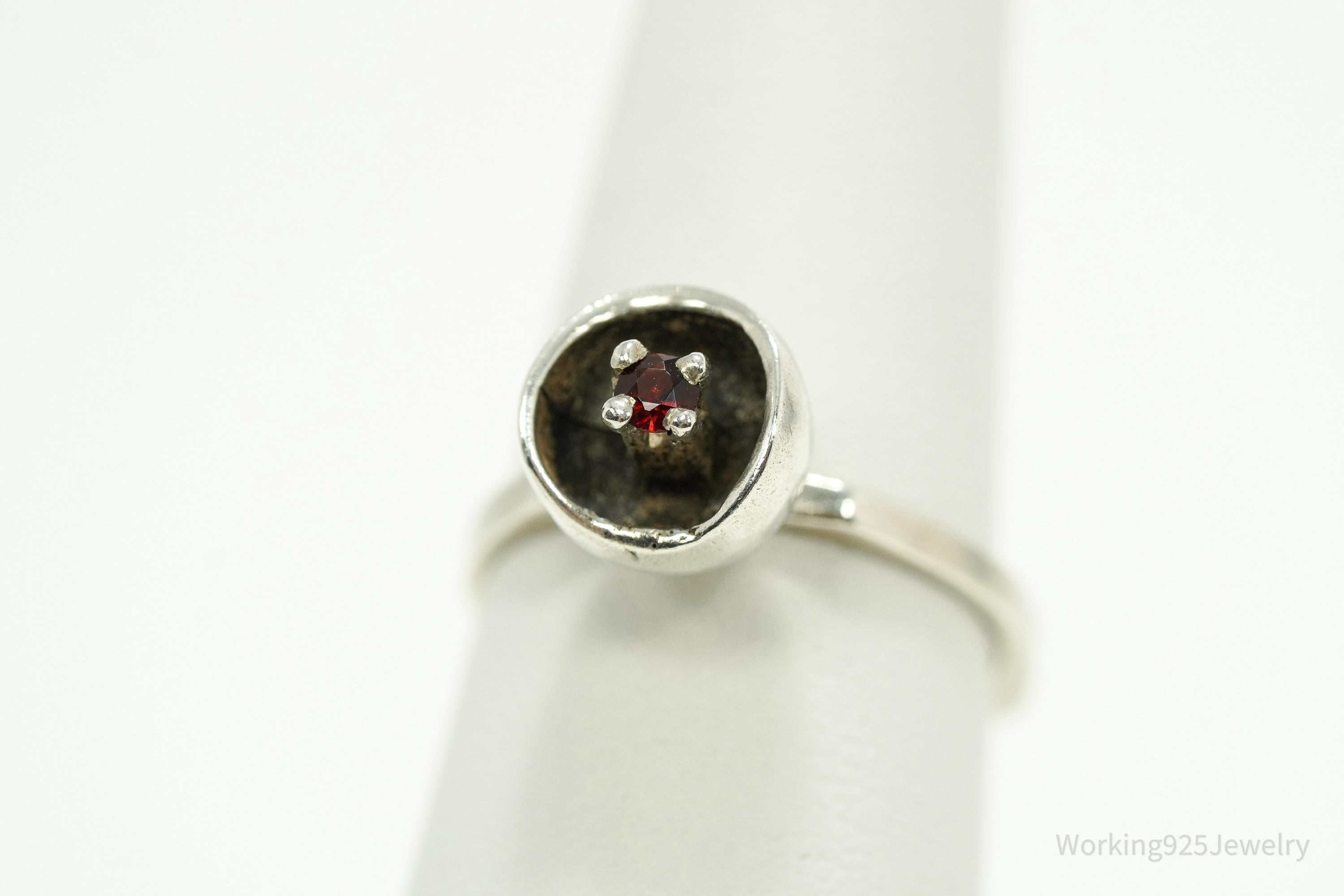 RARE Vintage Mid Century Modernist OPUS Garnet Sterling Silver Ring - Size 6
