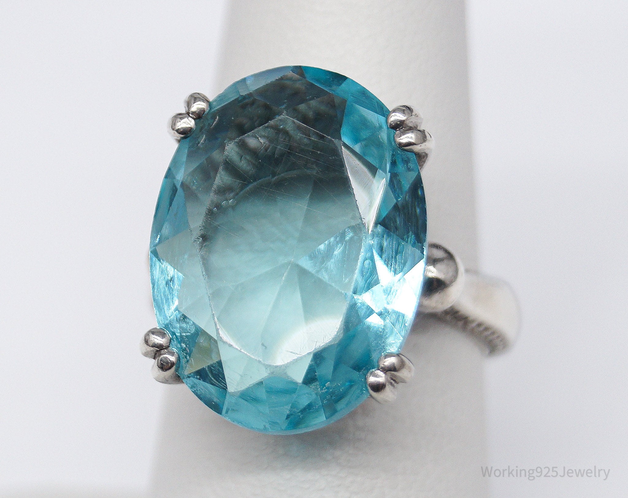 Vintage ATR Large Glass Faux Blue Topaz Sterling Silver Ring - Size 7.25