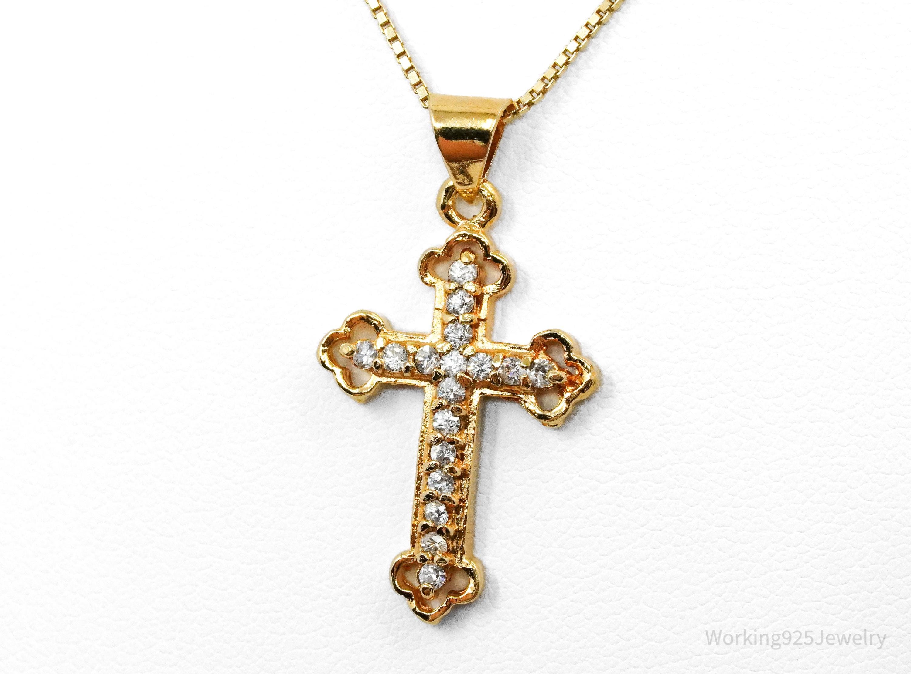 Vintage Cubic Zirconia Gold Over Sterling Silver Cross Necklace 22"