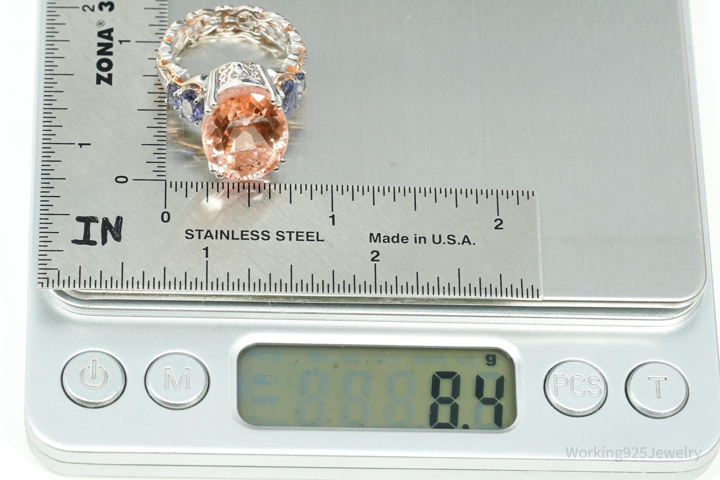 Vintage Chuck Clemency Peach Quartz & Iolite Rose Gold Plated Sterling Silver Ring - Size 8.25