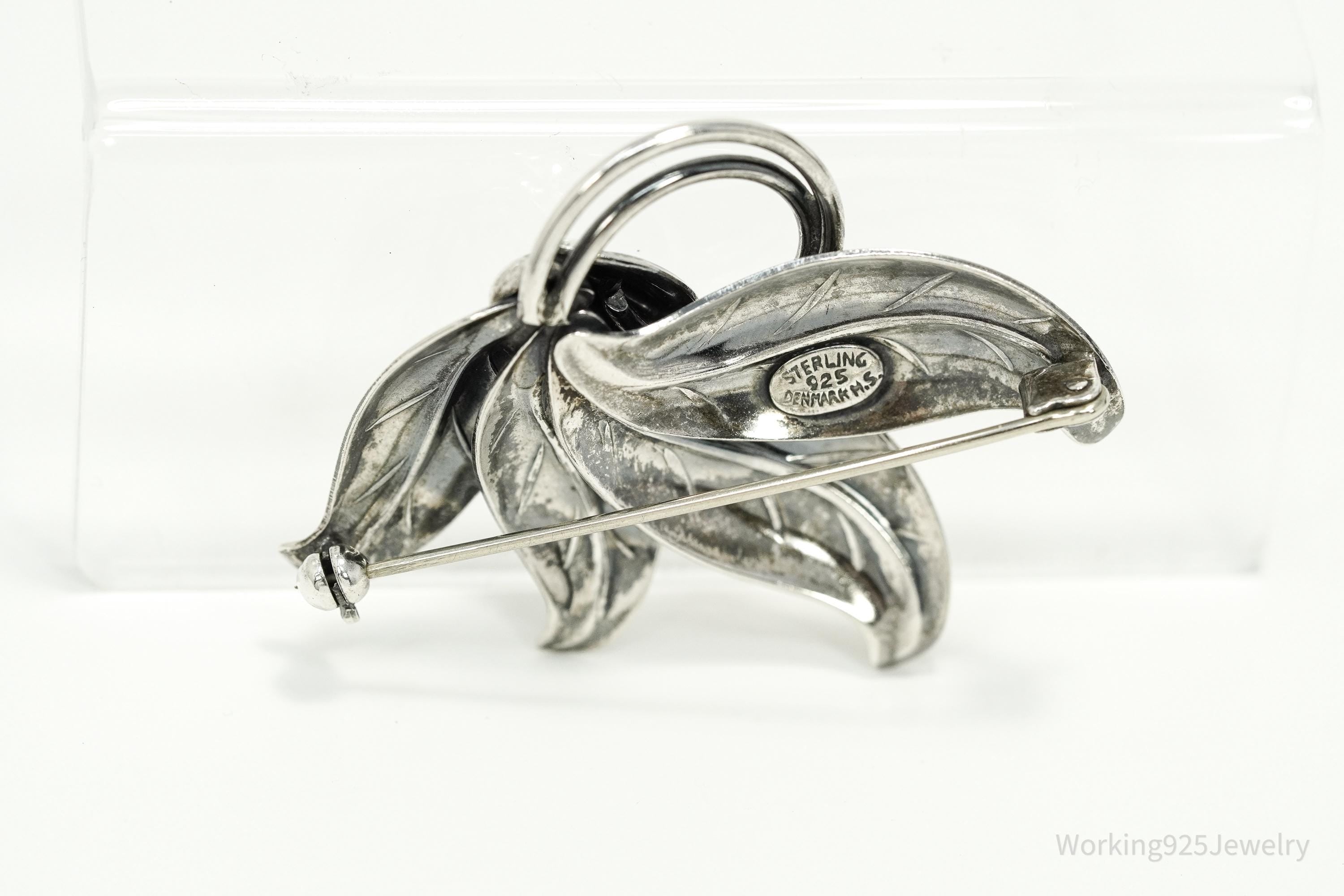 Large Vintage Denmark Hermann Siersbol Modernist Floral Sterling Silver Pin Brooch