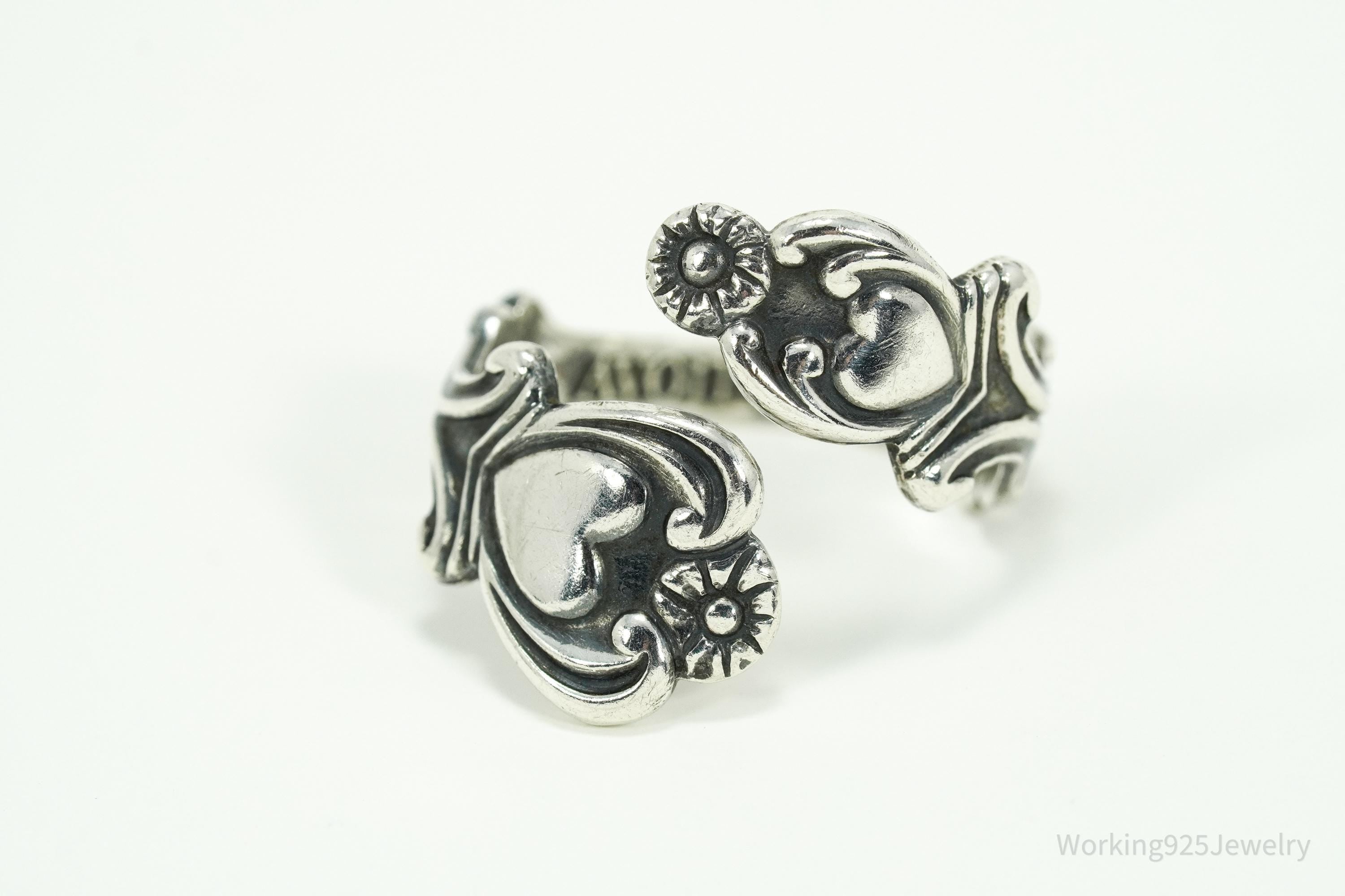 Vintage Avon Hearts & Flowers Sterling Silver Adjustable Wrap Spoon Ring - Size 10.25