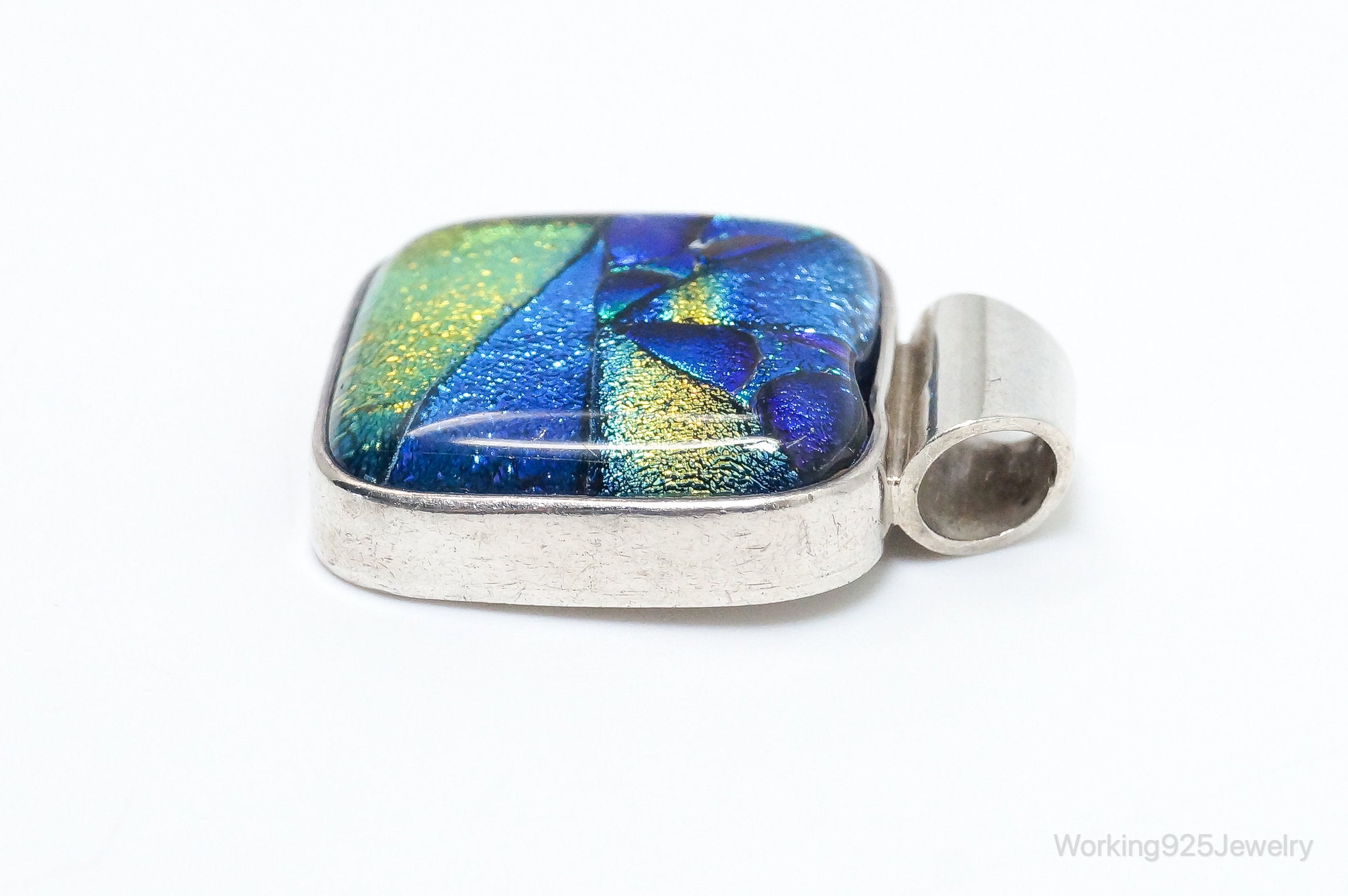 Vintage Large Dichroic Glass Starry Night Theme Sterling Silver Pendant