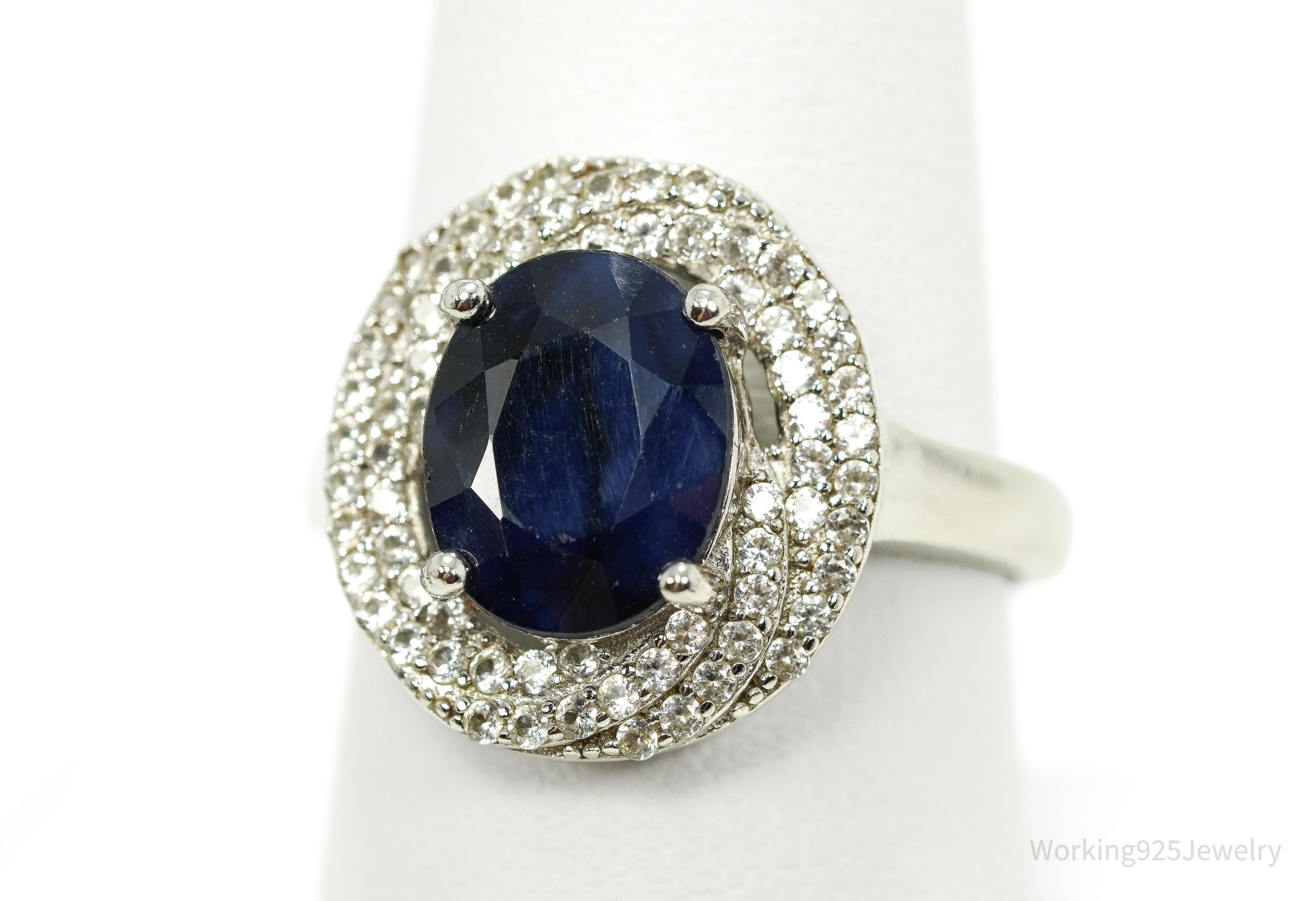 Vintage Blue & White Sapphire Sterling Silver Ring - Size 9