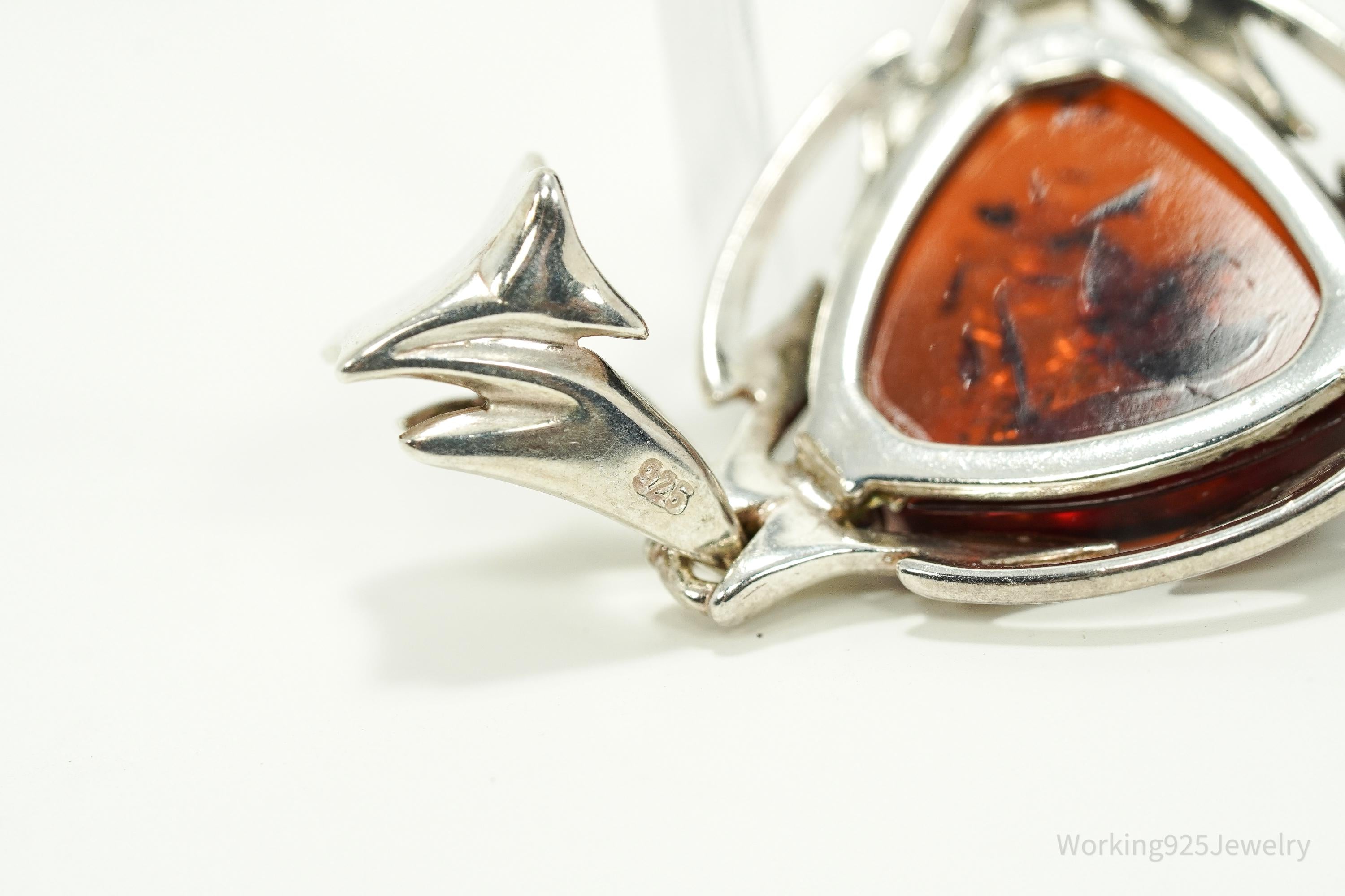 Large Vintage Modernist Amber Sterling Silver Pendant