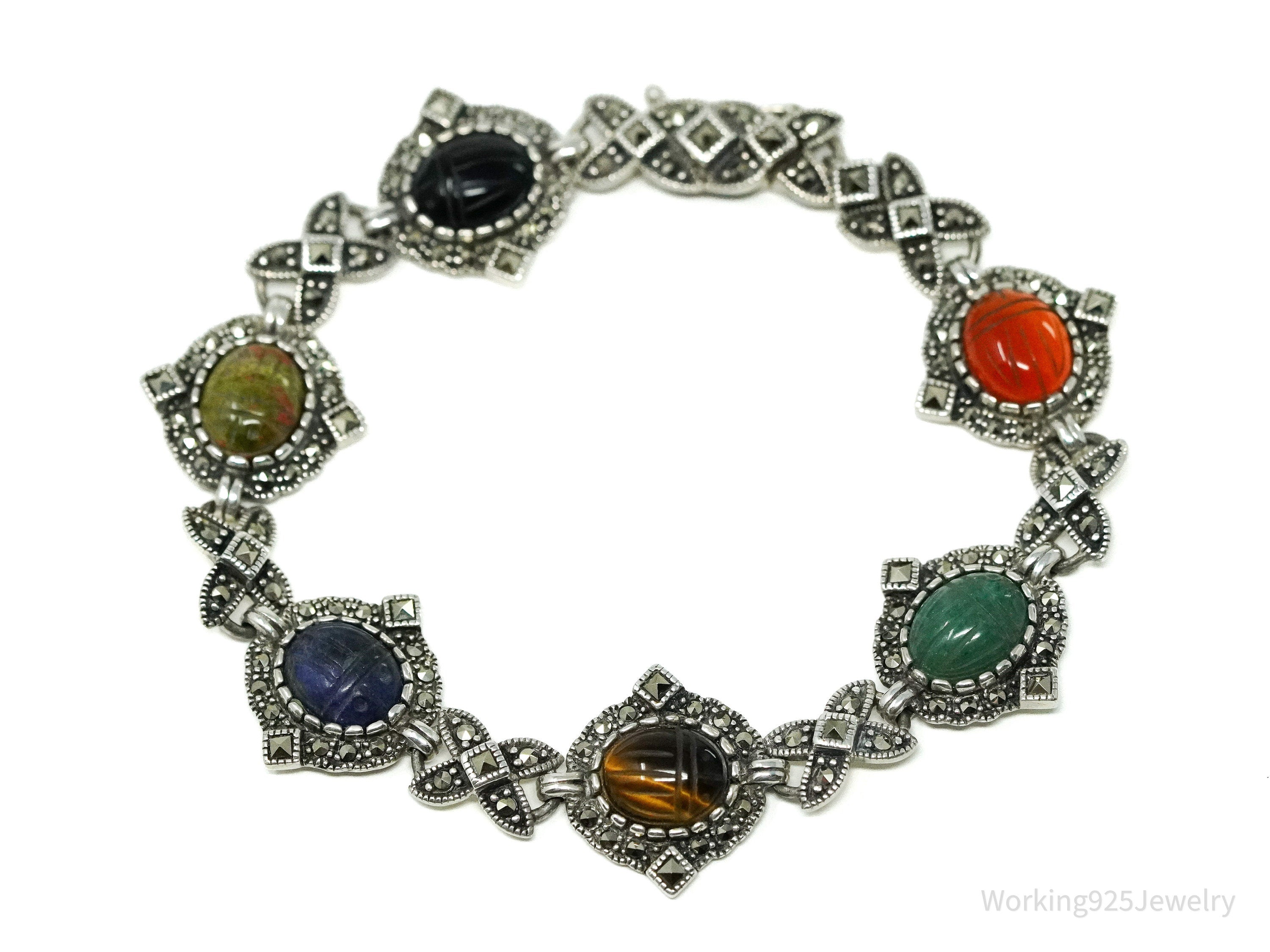 Vintage Carved Scarab Multiple Gemstone Sterling Silver Bracelet 7.5"