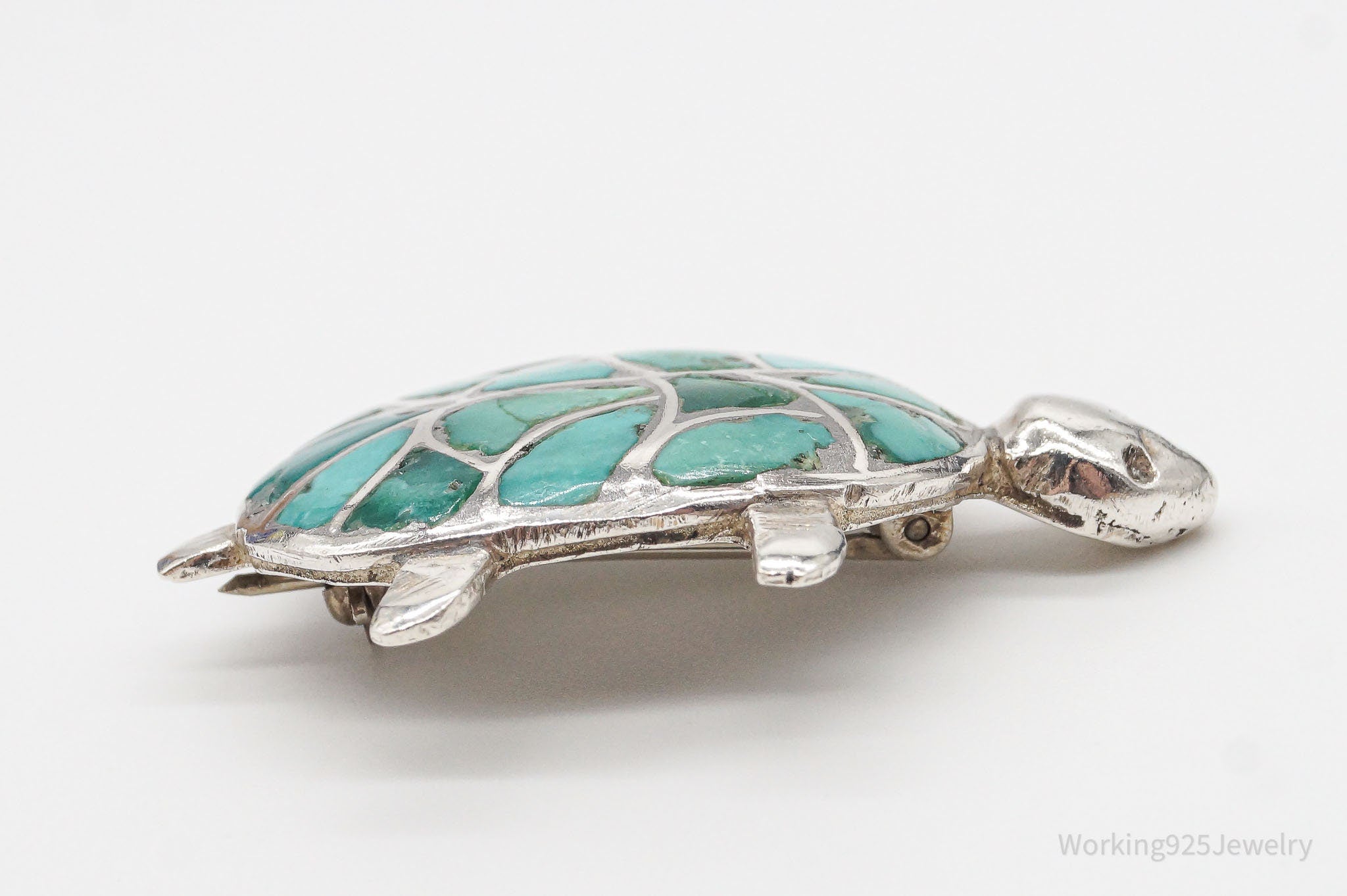 Vintage Handmade Turquoise Inlay Turtle Silver Brooch Pin