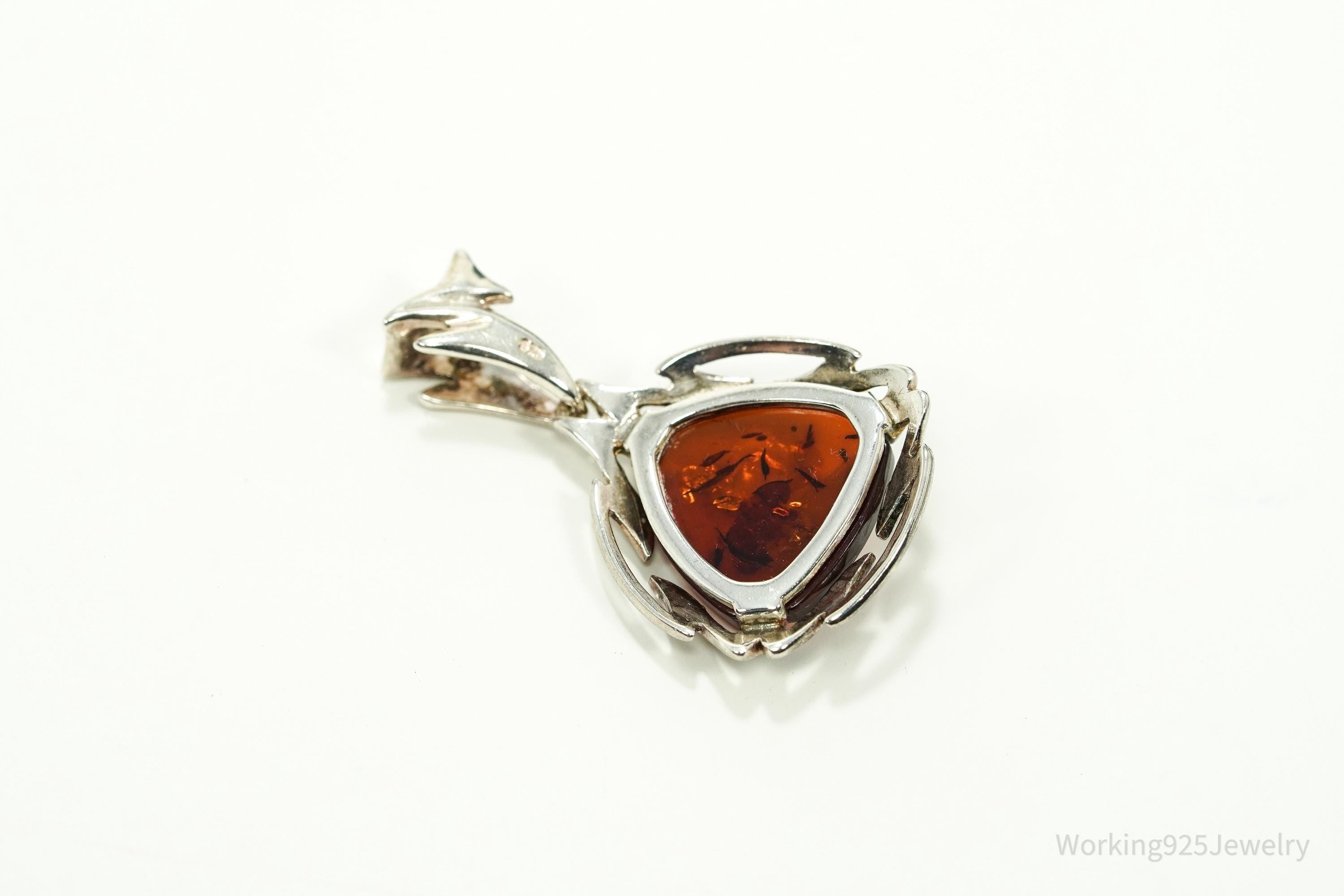 Large Vintage Modernist Amber Sterling Silver Pendant