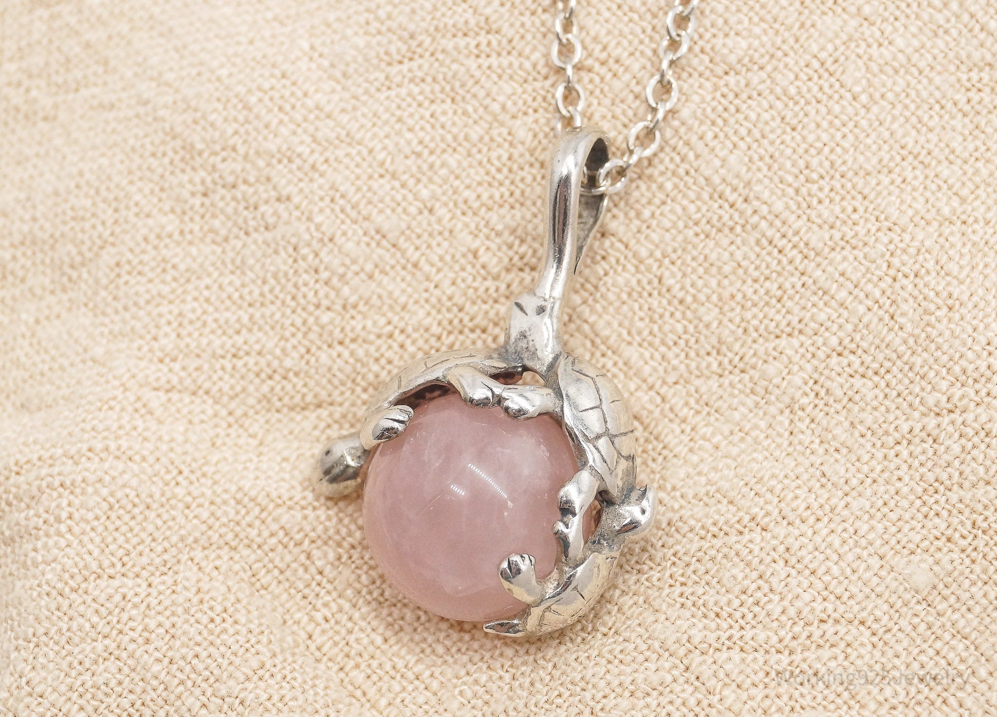 Vintage Sea Turtles & Rose Quartz Sterling Silver Necklace 20"