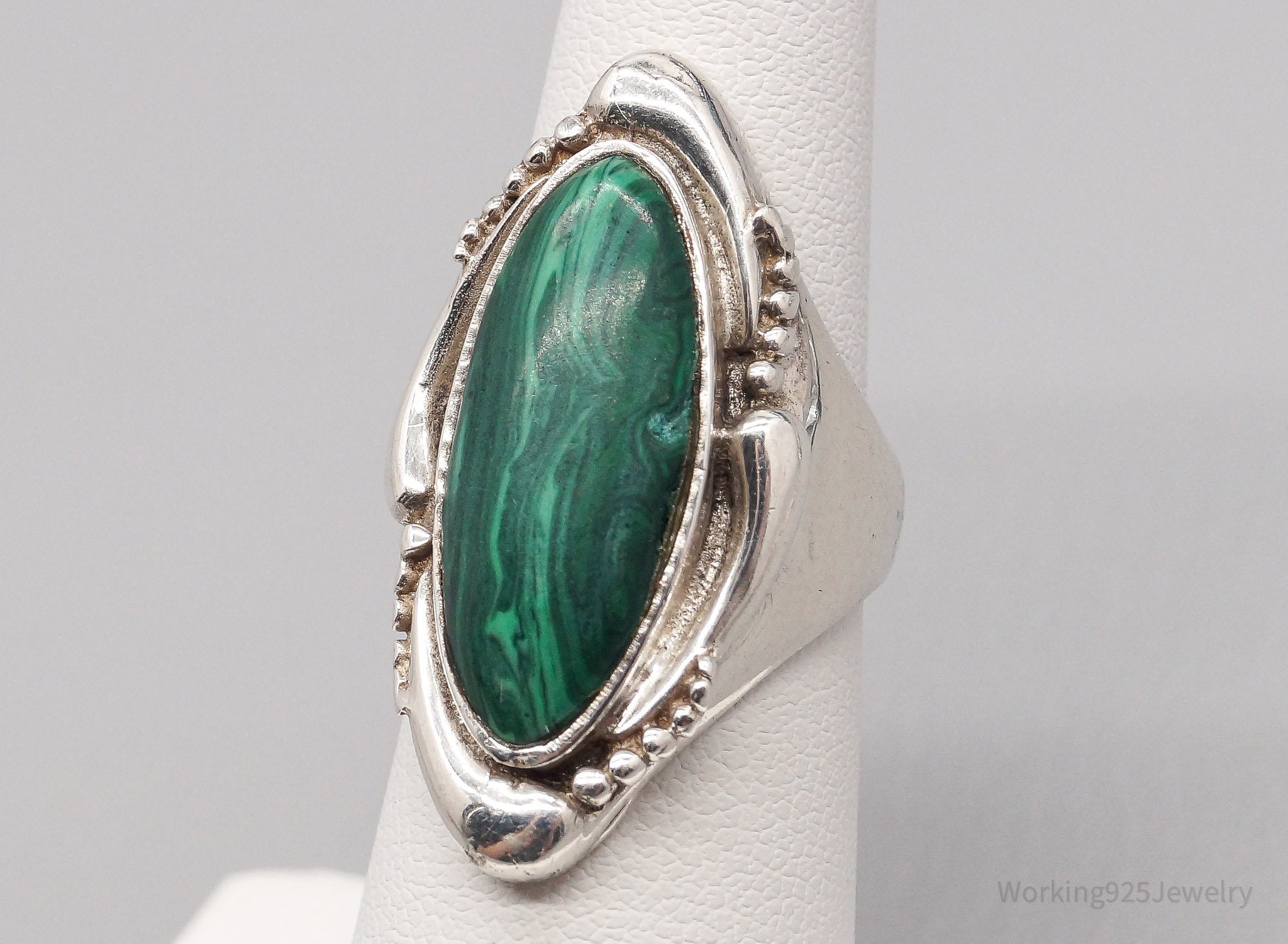 Vintage Malachite Sterling Silver Ring - Size 6.25
