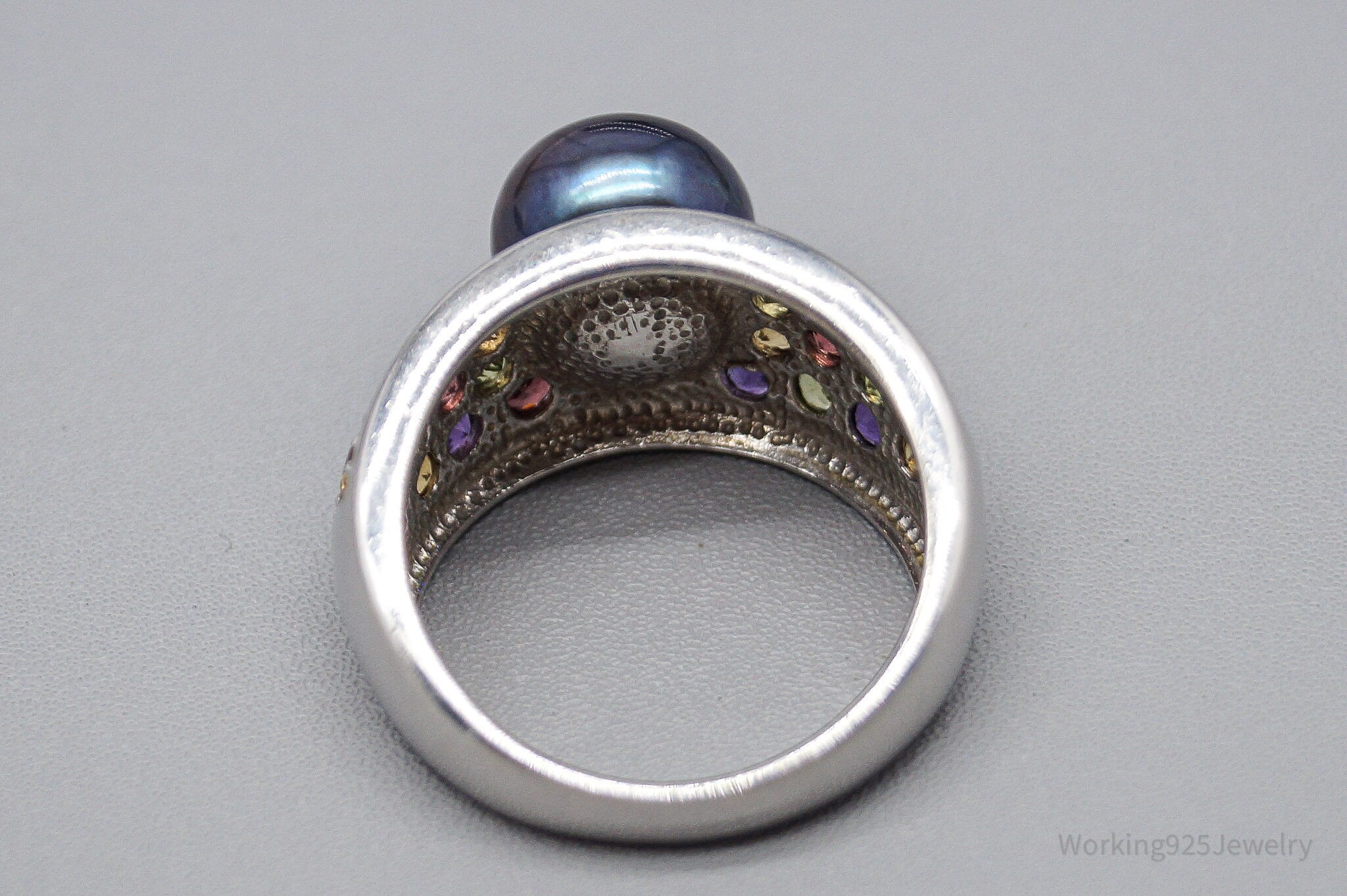 Vintage Designer Pearl & Multi Gem Sterling Silver Ring - Size 8