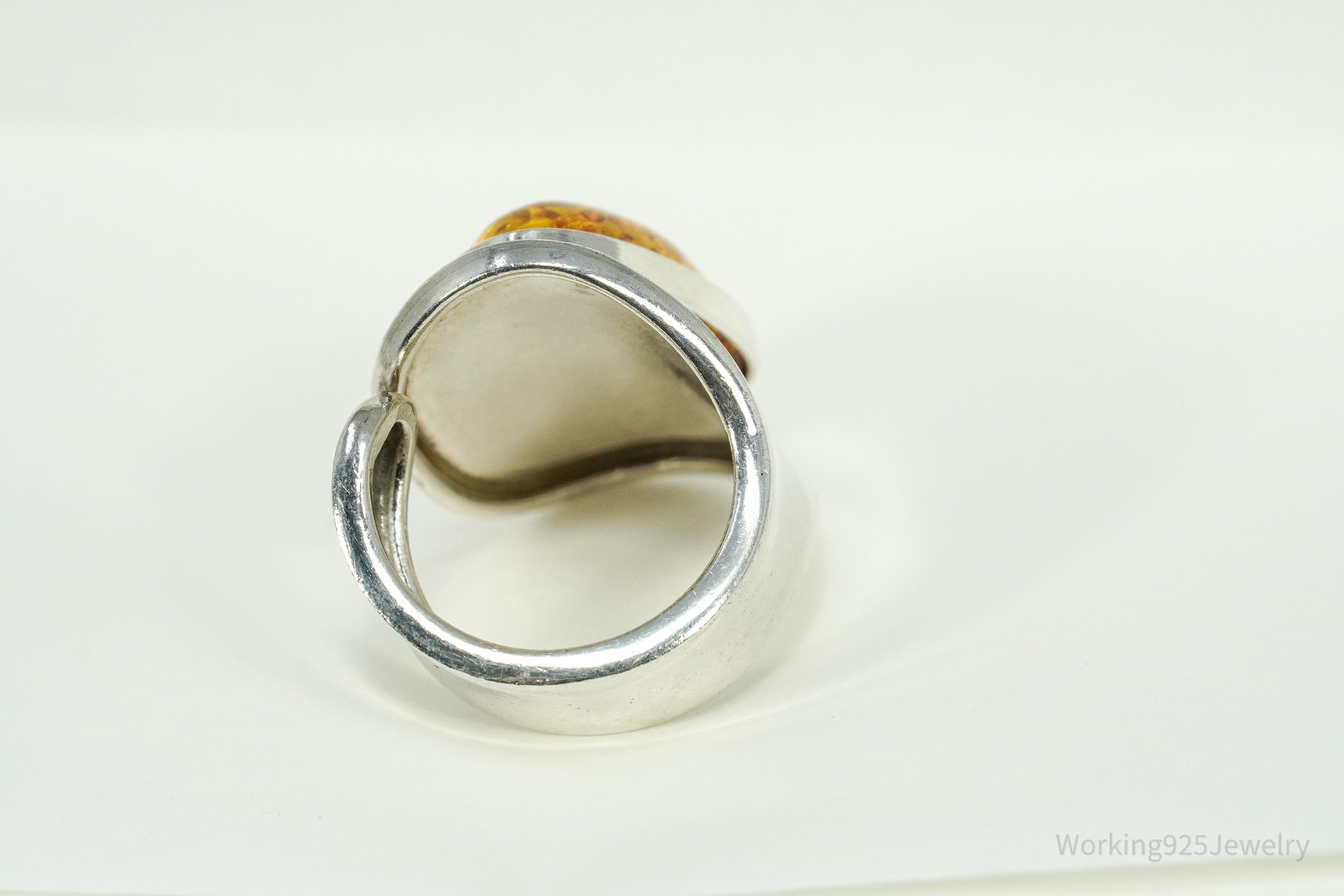 Vintage Large Amber Modernist Style Sterling Silver Ring - Size 9