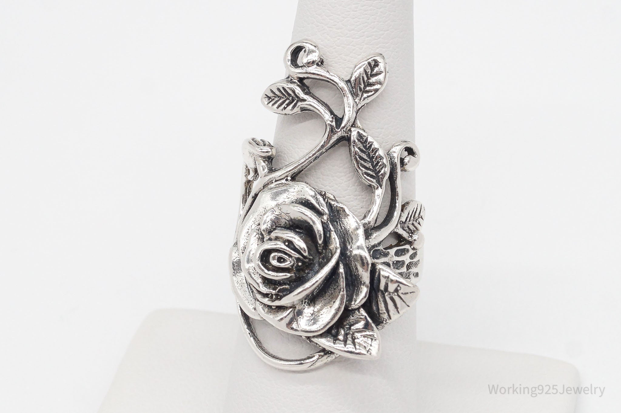 Vintage Large Rose Flower Sterling Silver Ring - Size 7.75