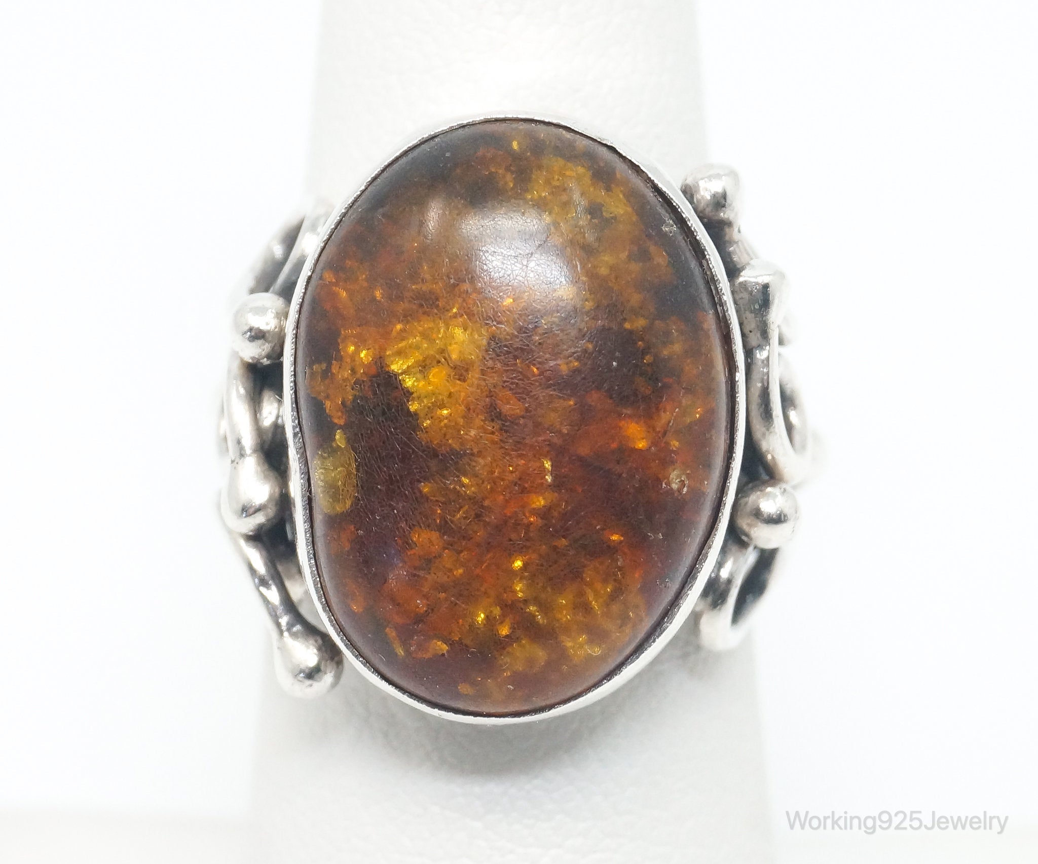 Vintage Large Baltic Amber Modern Sterling Silver Ring - Size 6.25