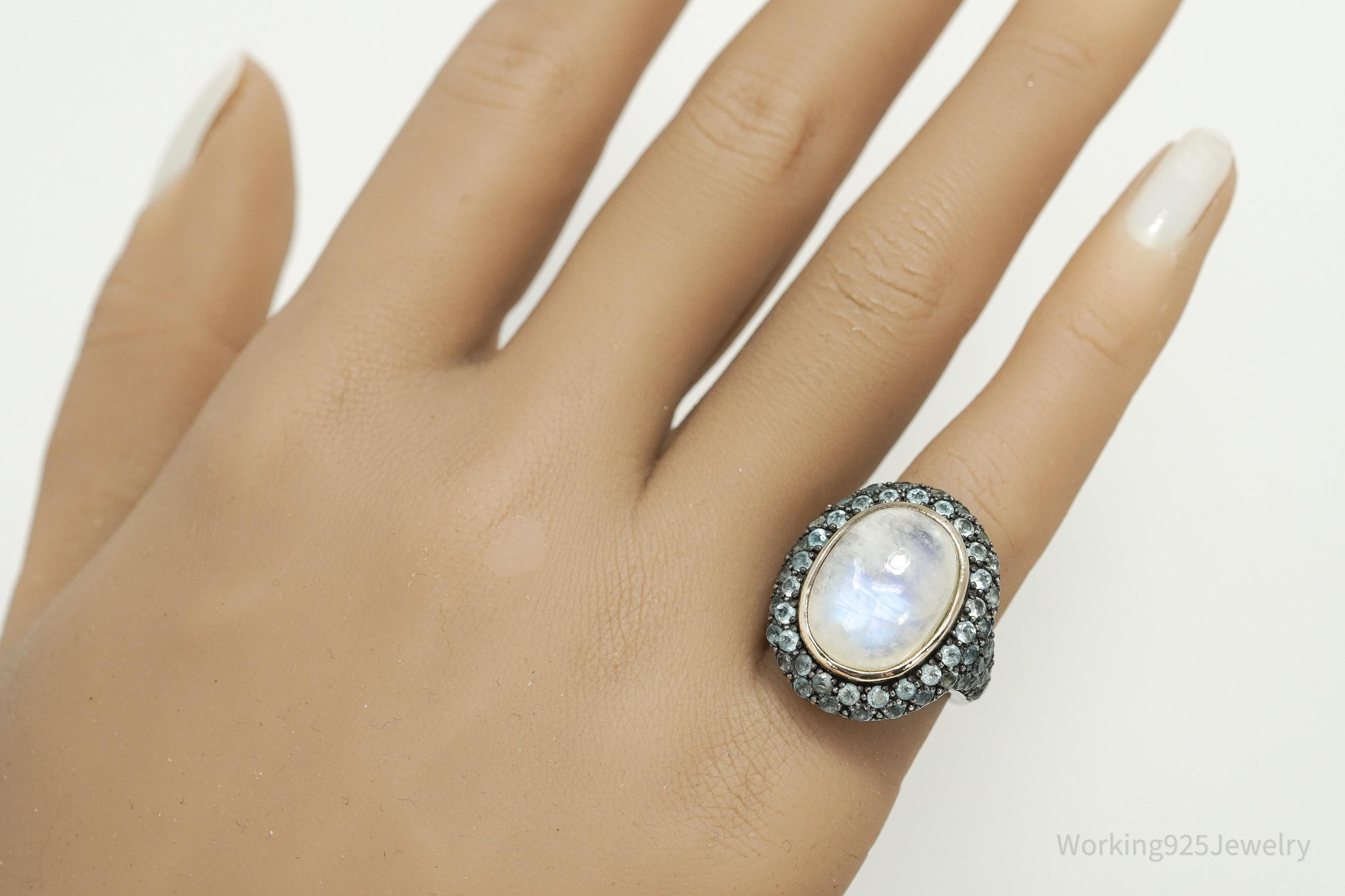 Vintage White Labradorite Moonstone & Blue Topaz 14K Sterling Silver Ring 5.75