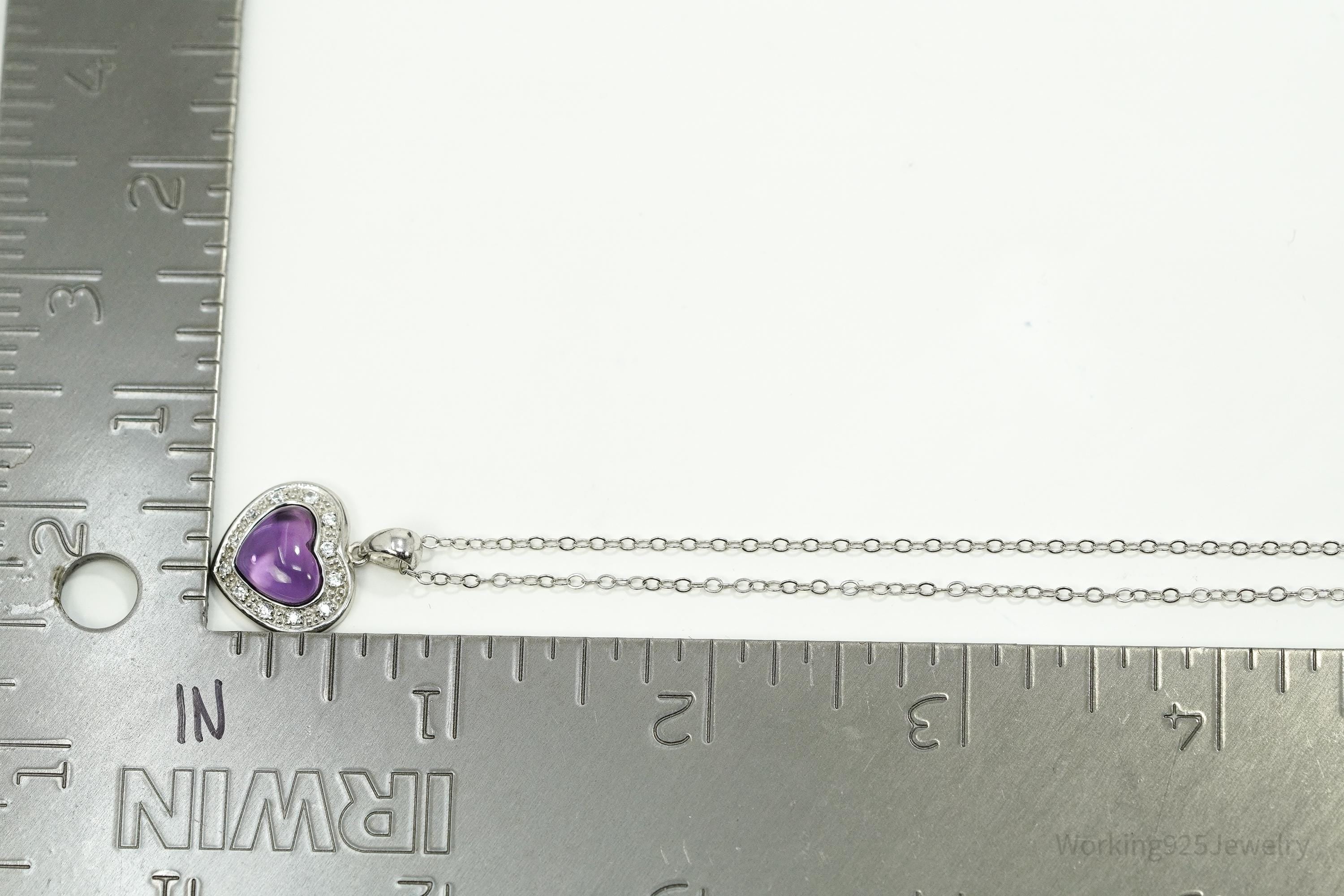 Vintage Amethyst & Cubic Zirconia Sterling Silver Heart Chain Necklace 20"