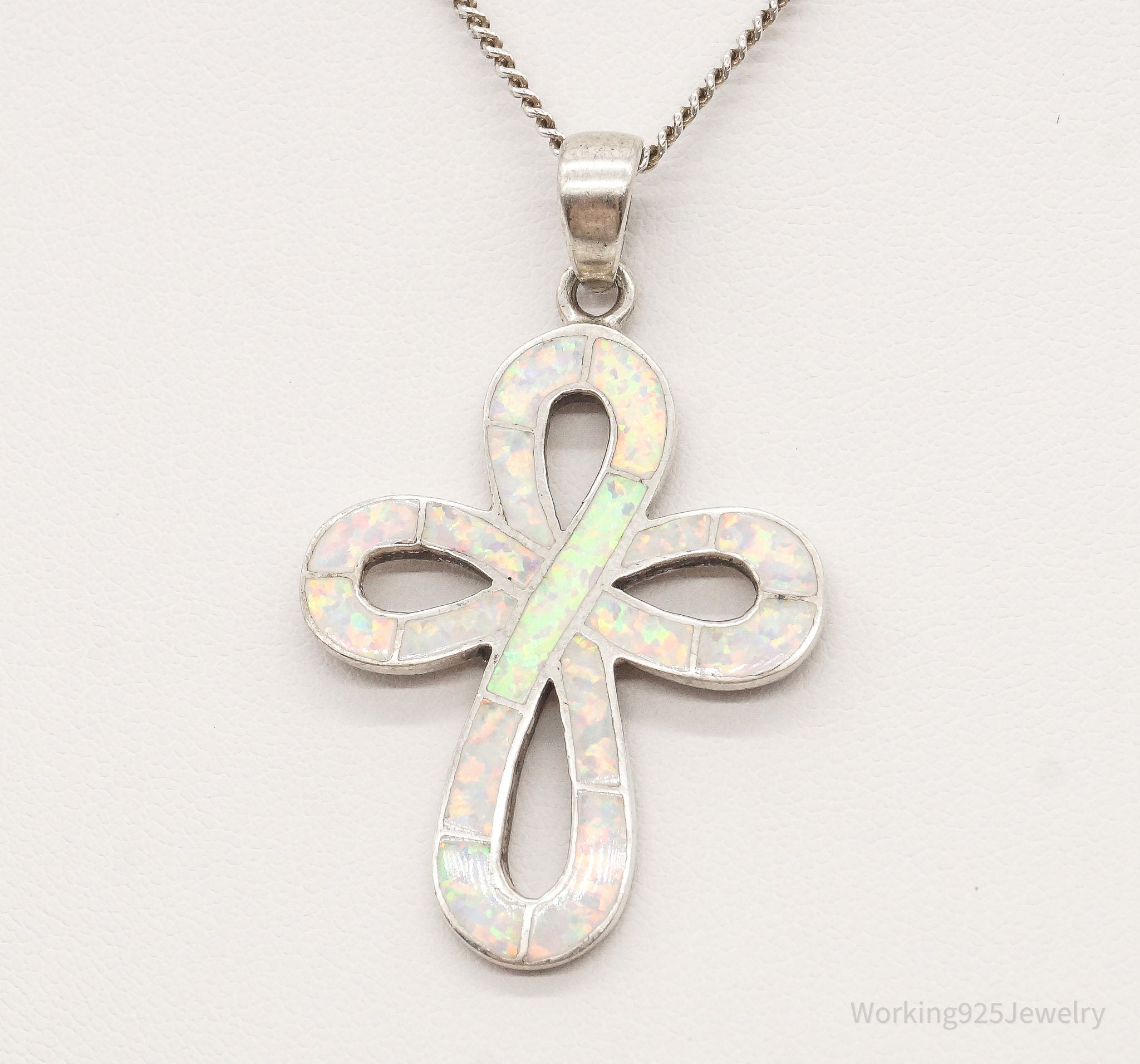 Vintage Opal Inlay Sterling Silver Cross Necklace