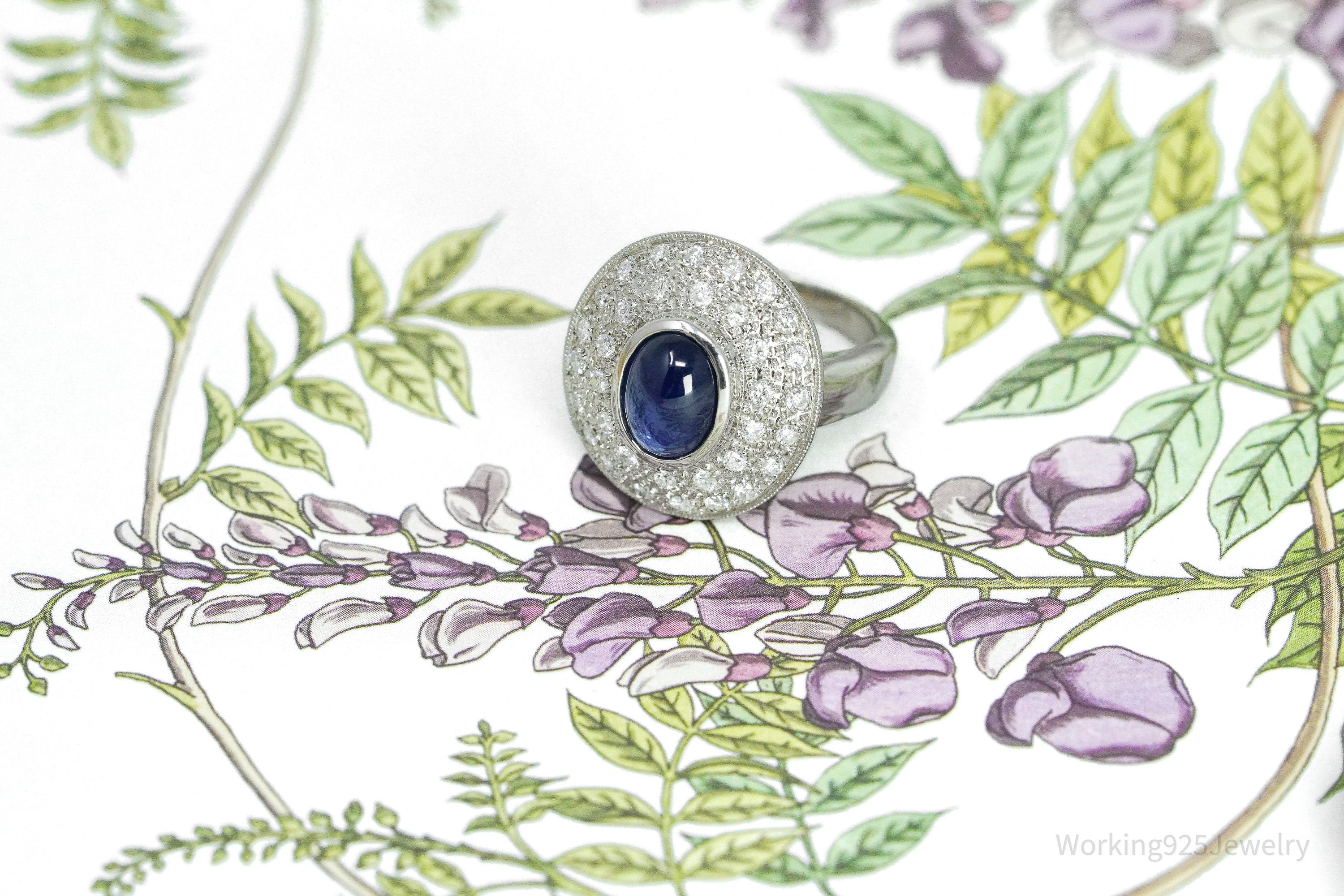 18K White Gold & Natural Sapphire with Diamond Bezel Set Ring - Size 4