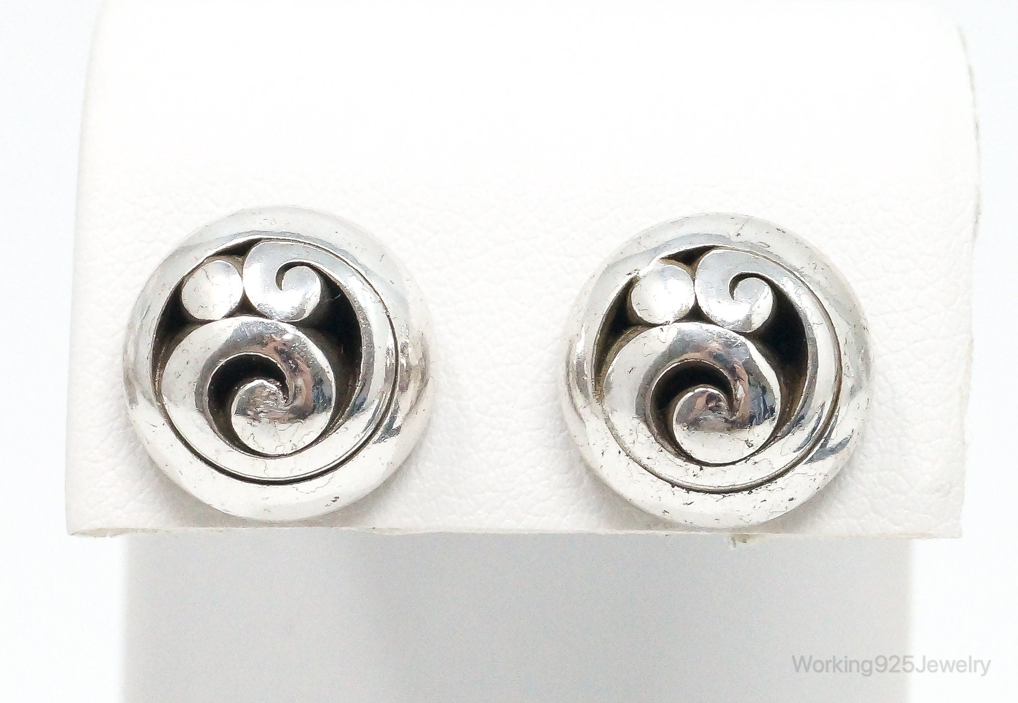 Vintage Scroll Swirl Shadow Sterling Silver Stud Earrings