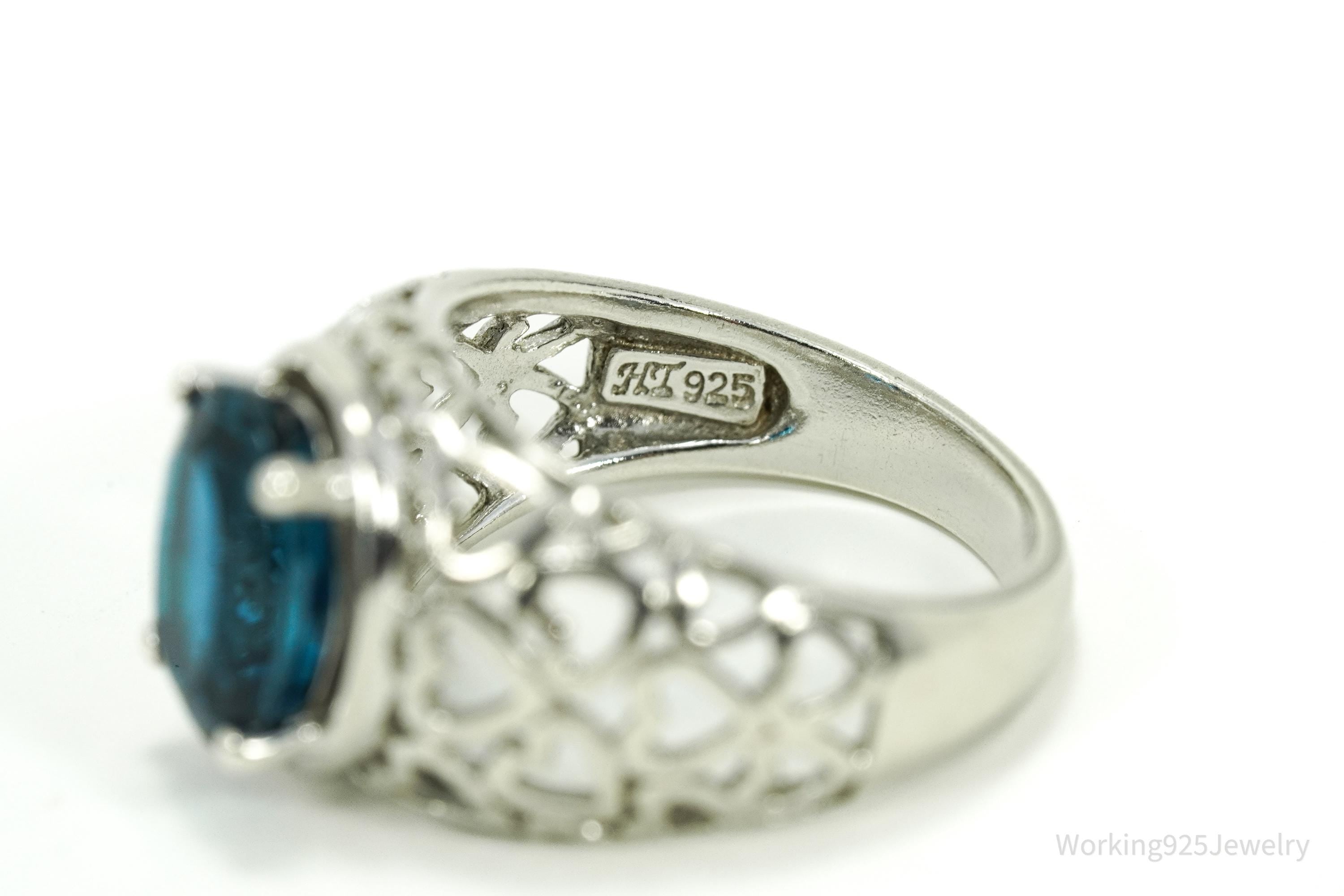 Vintage London Blue Topaz & Hearts Pattern Sterling Silver Ring - Size 6