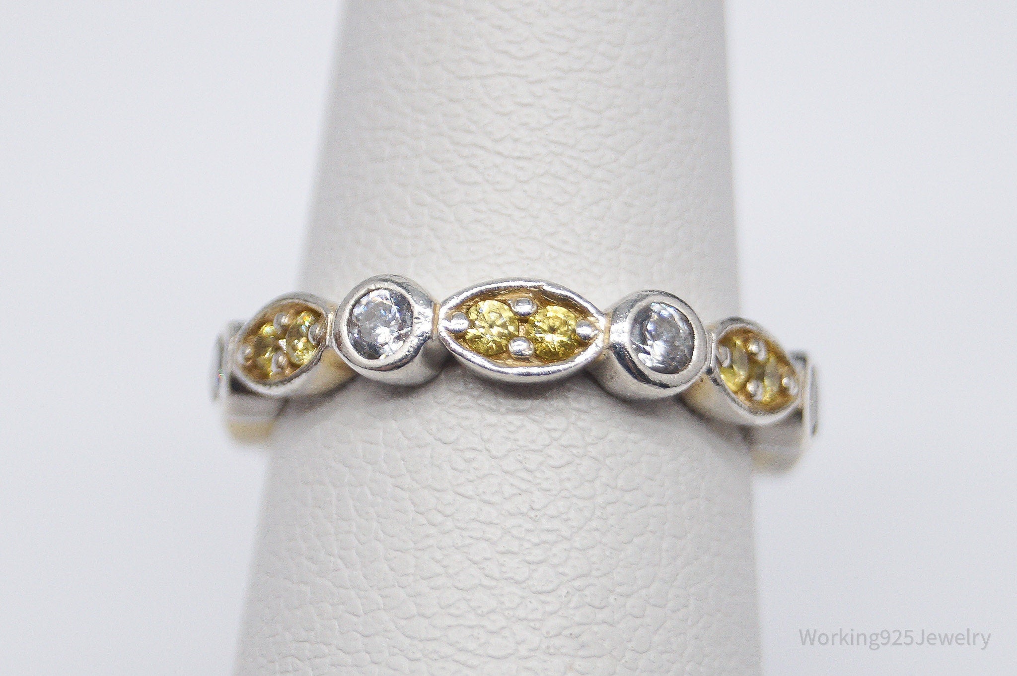 Vintage Yellow & White Cubic Zirconia Sterling Silver Ring- Size 5