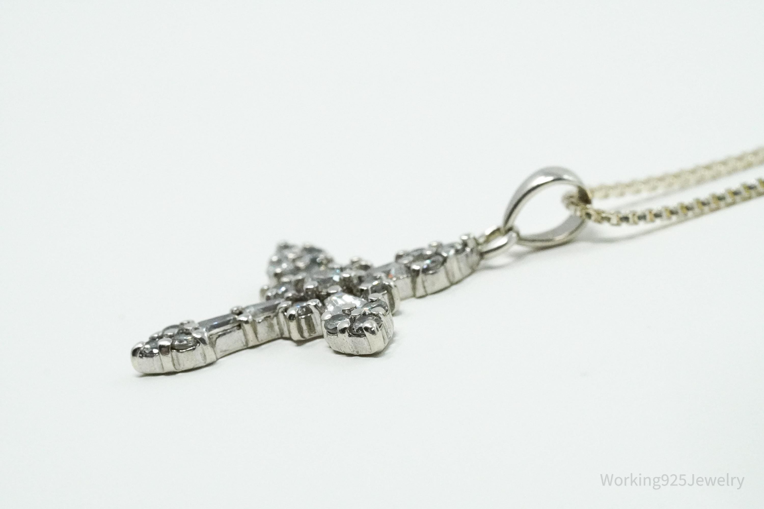 Vintage Cubic Zirconia Cross Sterling Silver Necklace 18"