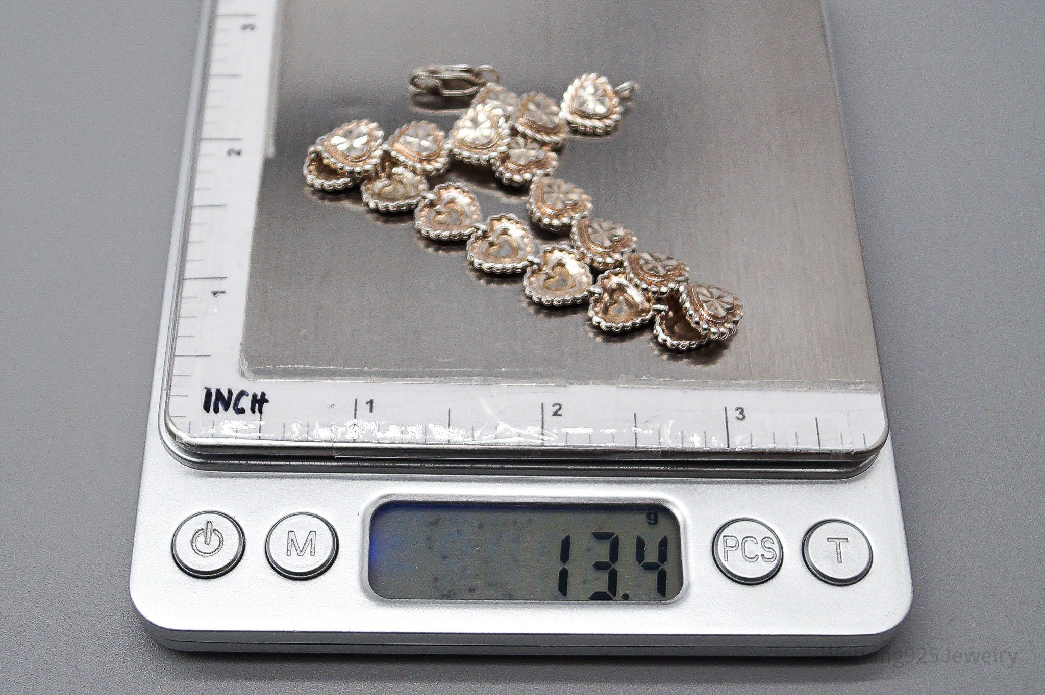 Vintage Designer Beverly Hills Silver Hearts Sterling Silver Bracelet 7 5/8"