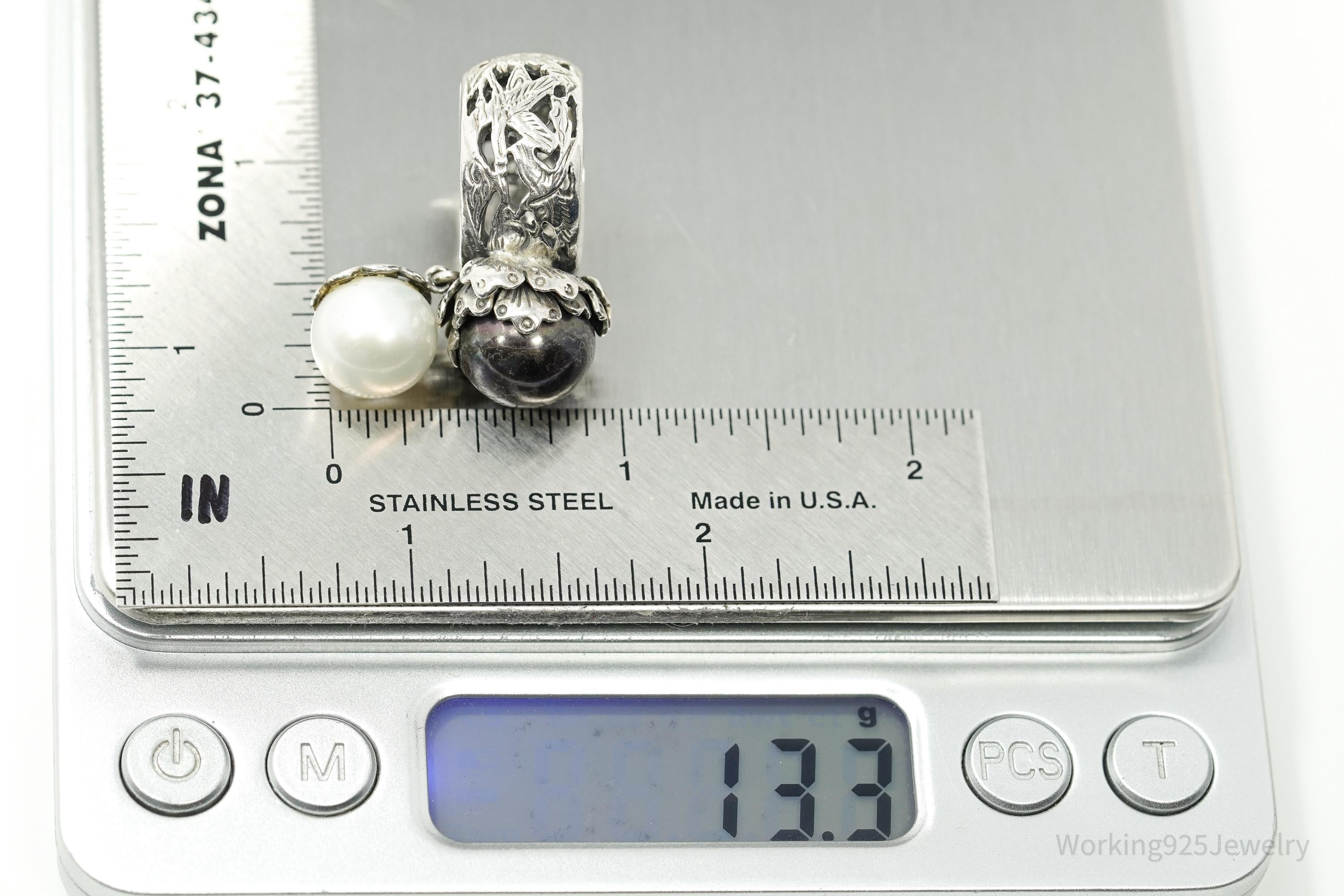 Vintage White & Tahitian Pearl Silver Ring Size 5.75