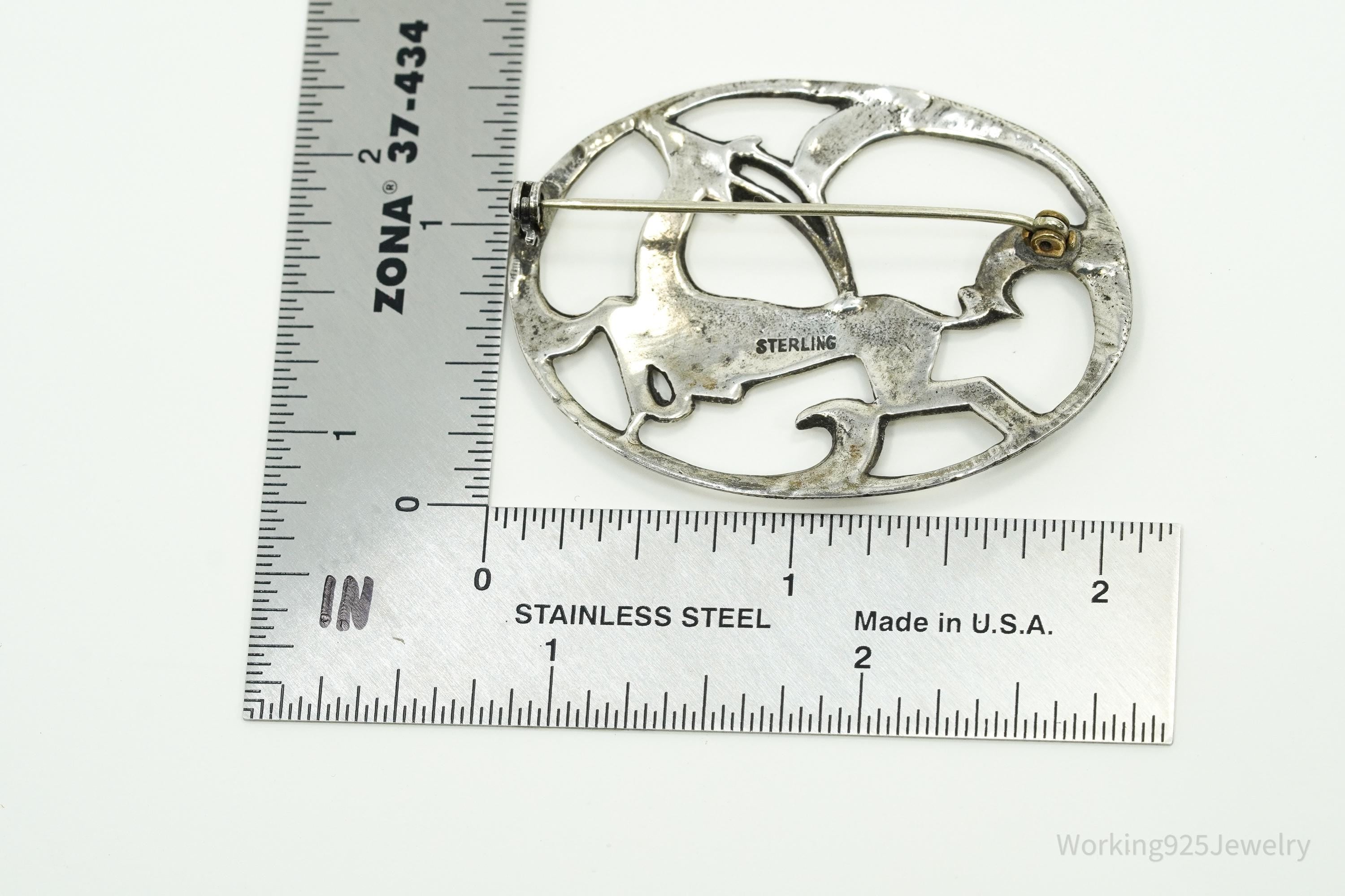 Large Antique Gazelle Sterling Silver Brooch Pin