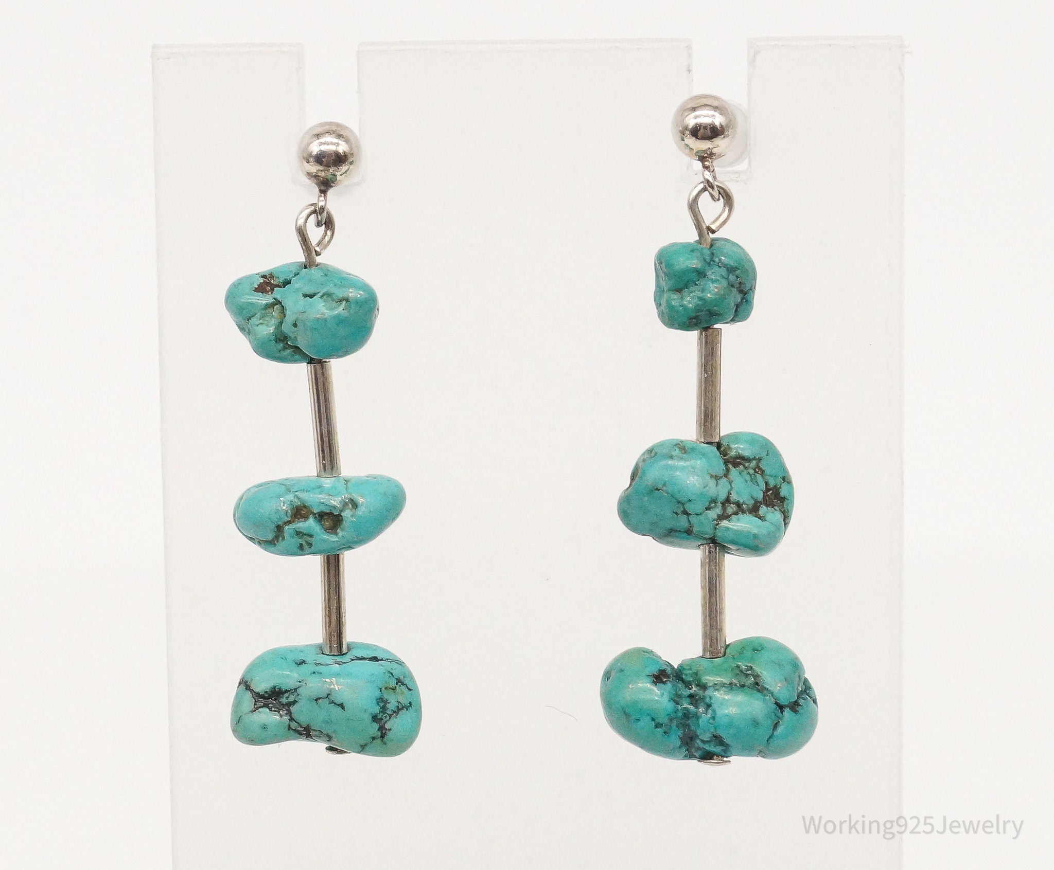 Vintage Native American Turquoise Nuggets Beads Sterling Silver Earrings