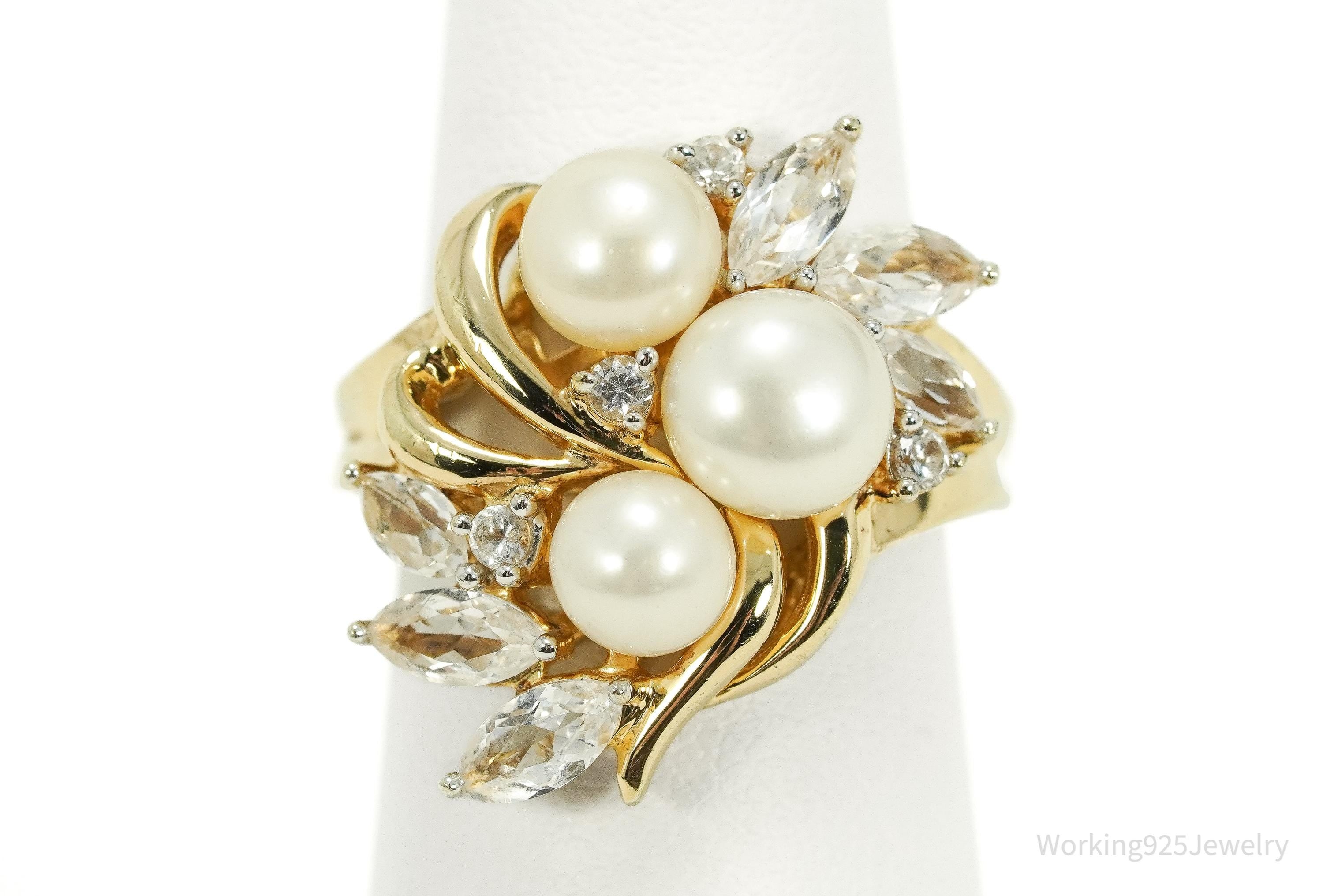 Vintage Pearl & White Sapphire Gold Over Sterling Silver Ring Size 7