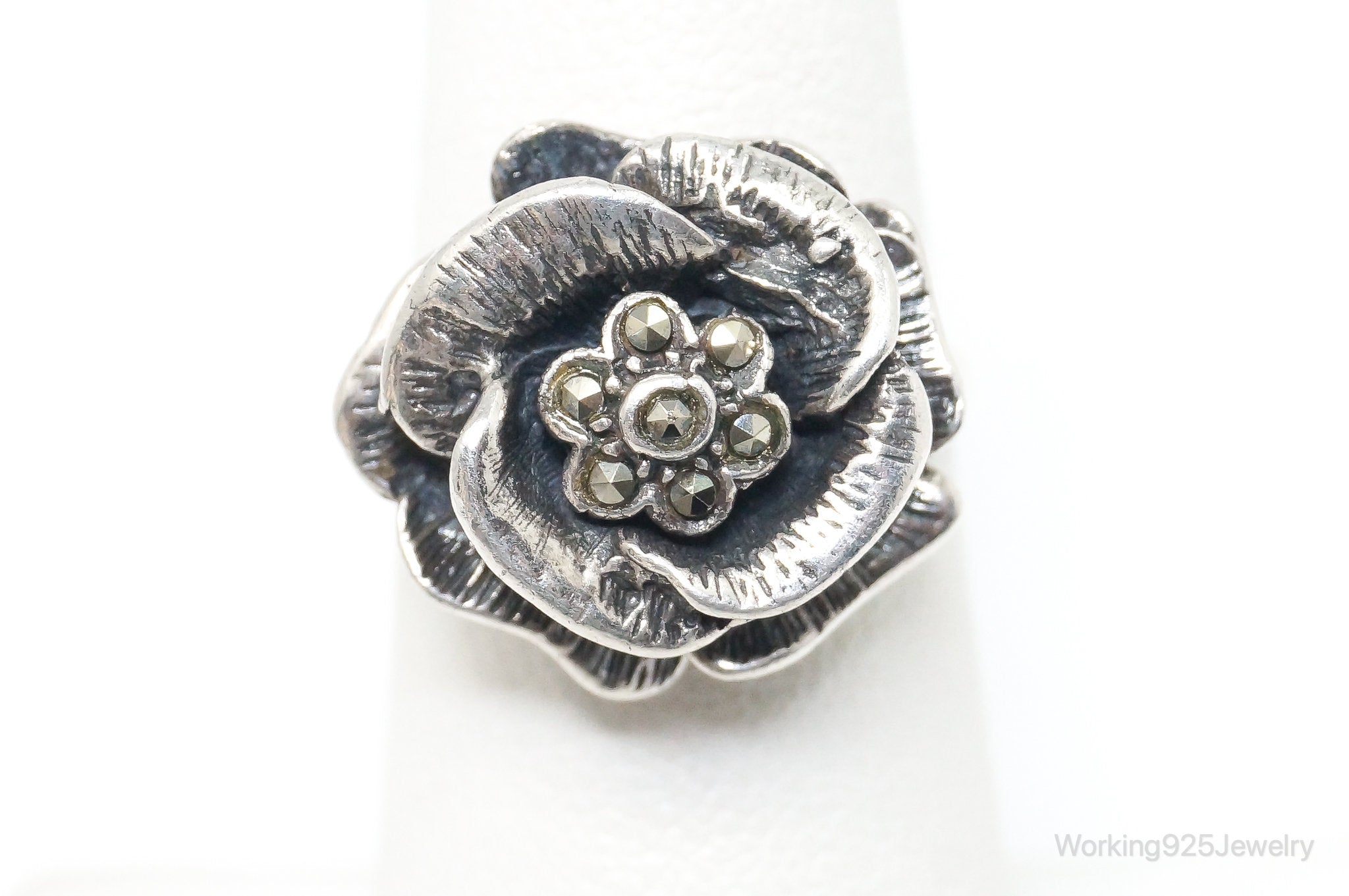 Vintage Marcasite Rose Sterling Silver Ring SZ 6