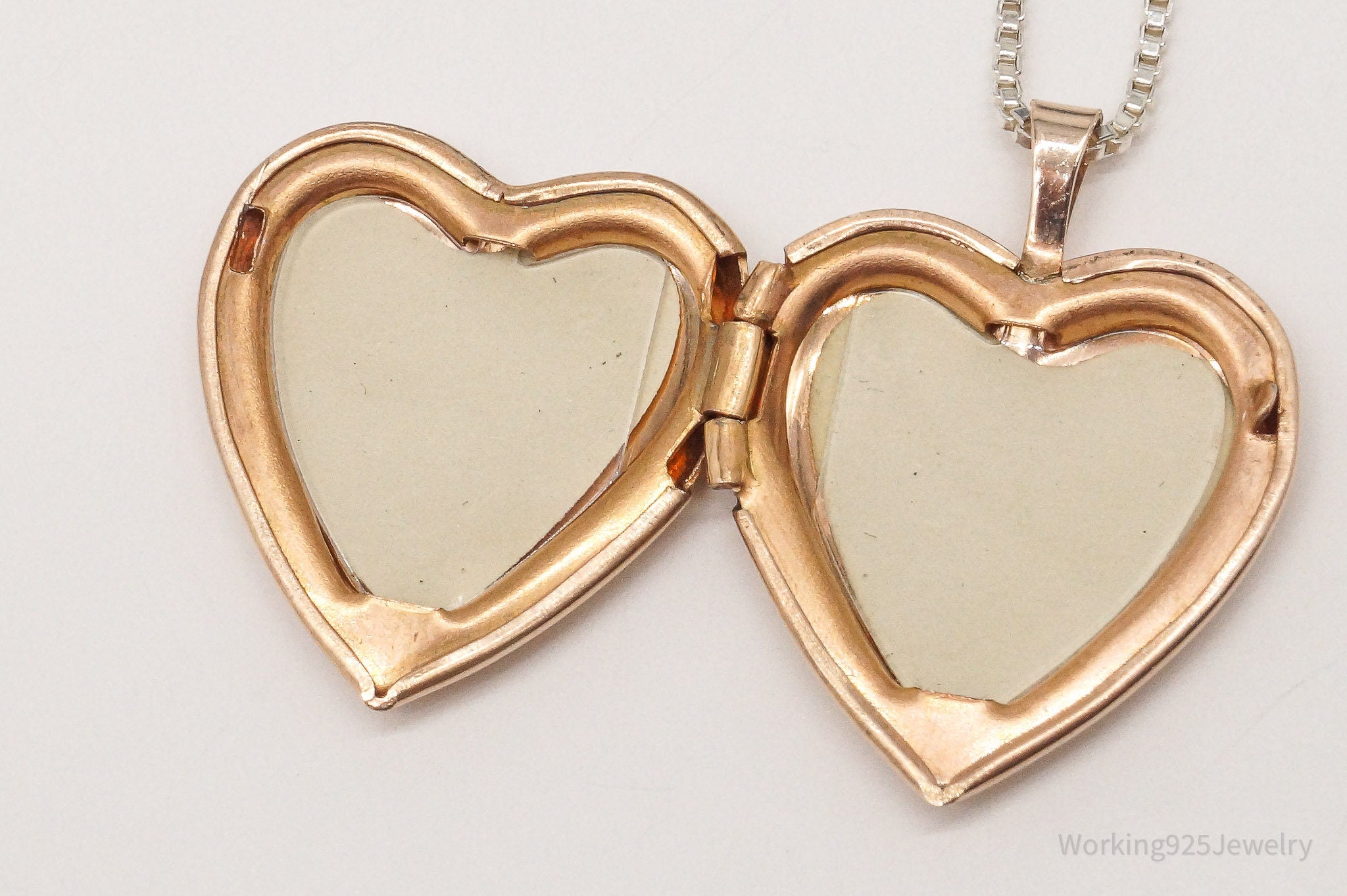 Vintage Heart Picture Locket Rose Gold Vermeil Sterling Silver Necklace 20"