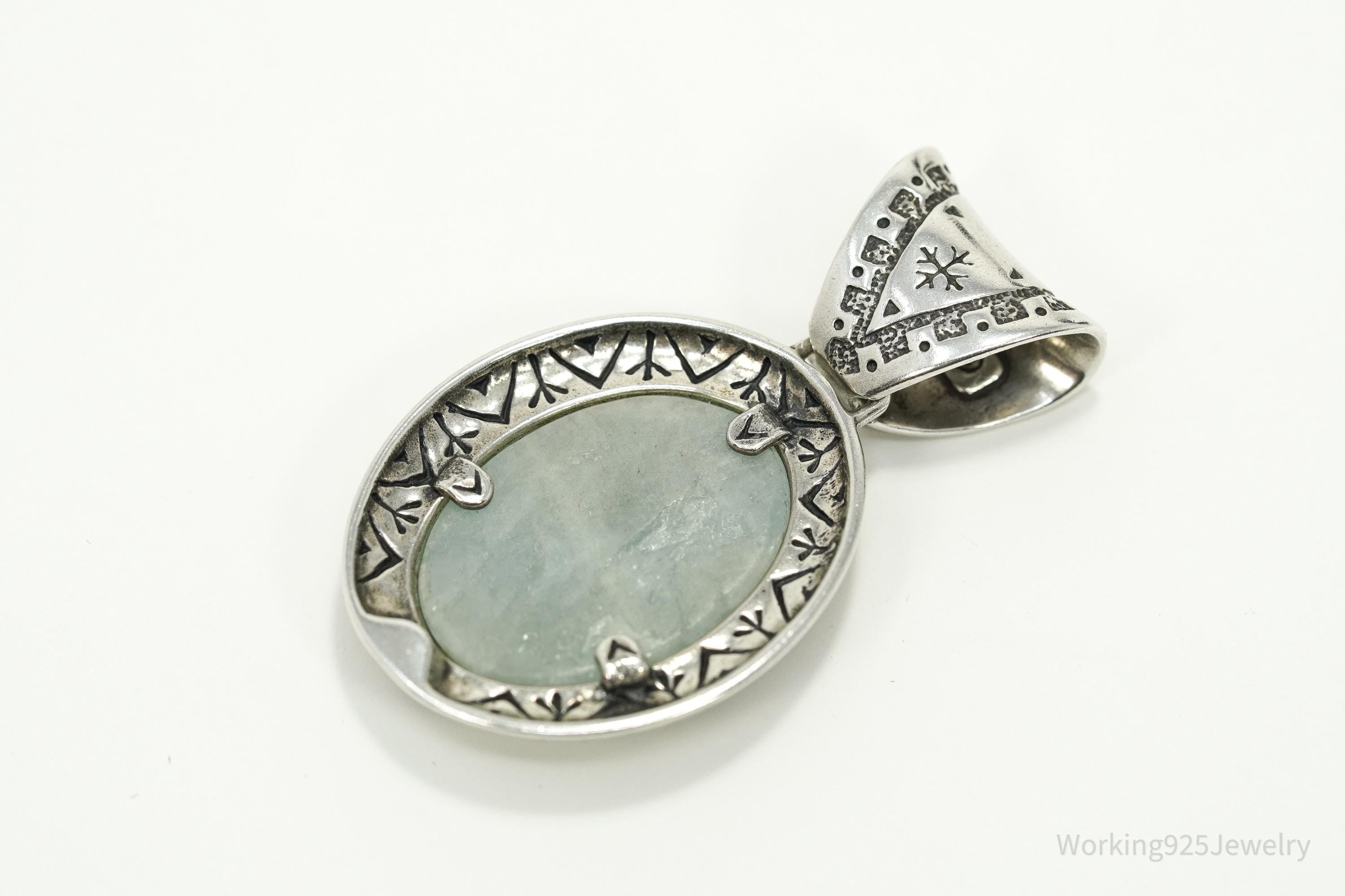 Large Vintage Carolyn Pollack Relios Milky Aquamarine Sterling Silver Pendant 2"