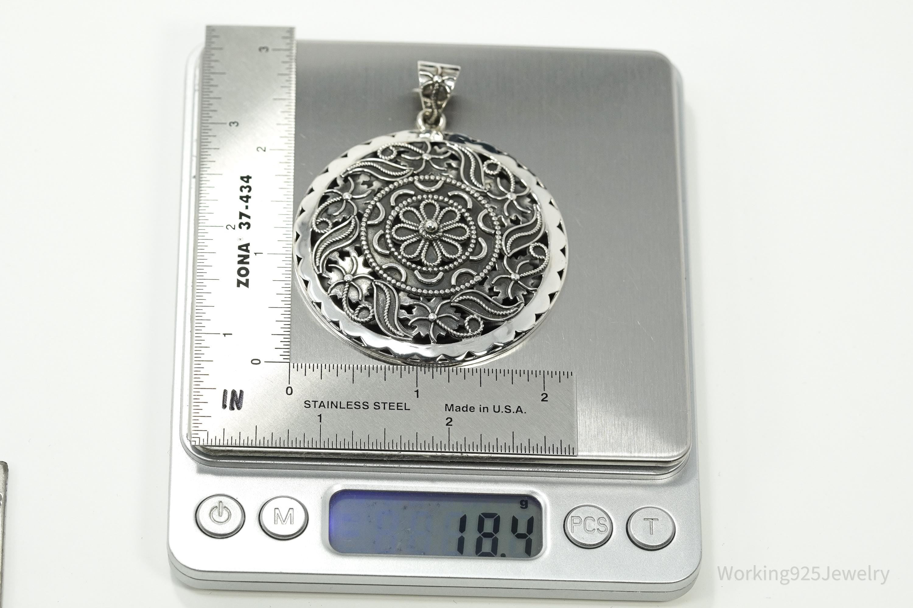Large Vintage India Designer Doug Paulus Ornate Flower Sterling Silver Pendant
