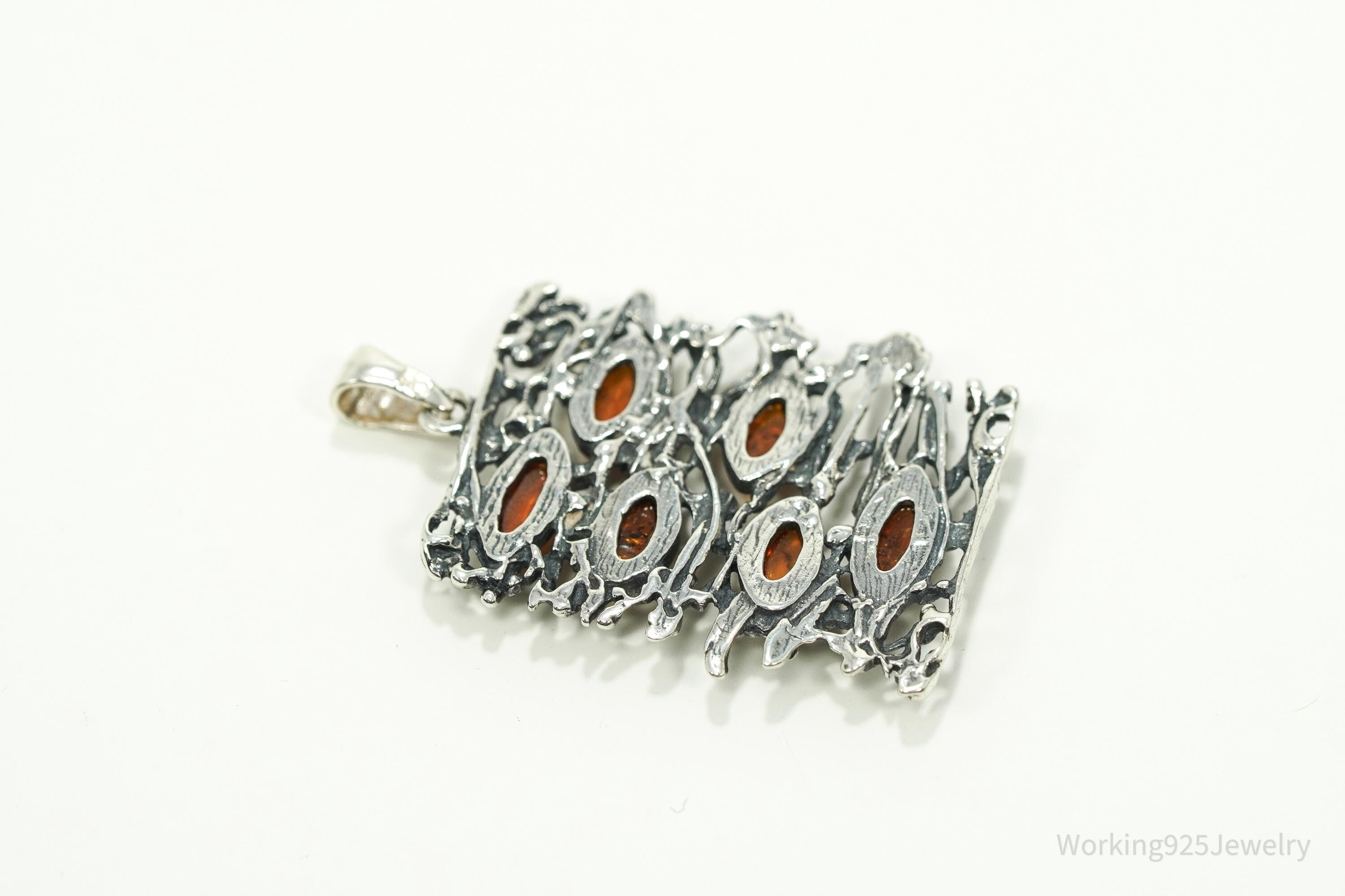 Vintage Brutalist Amber Sterling Silver Pendant