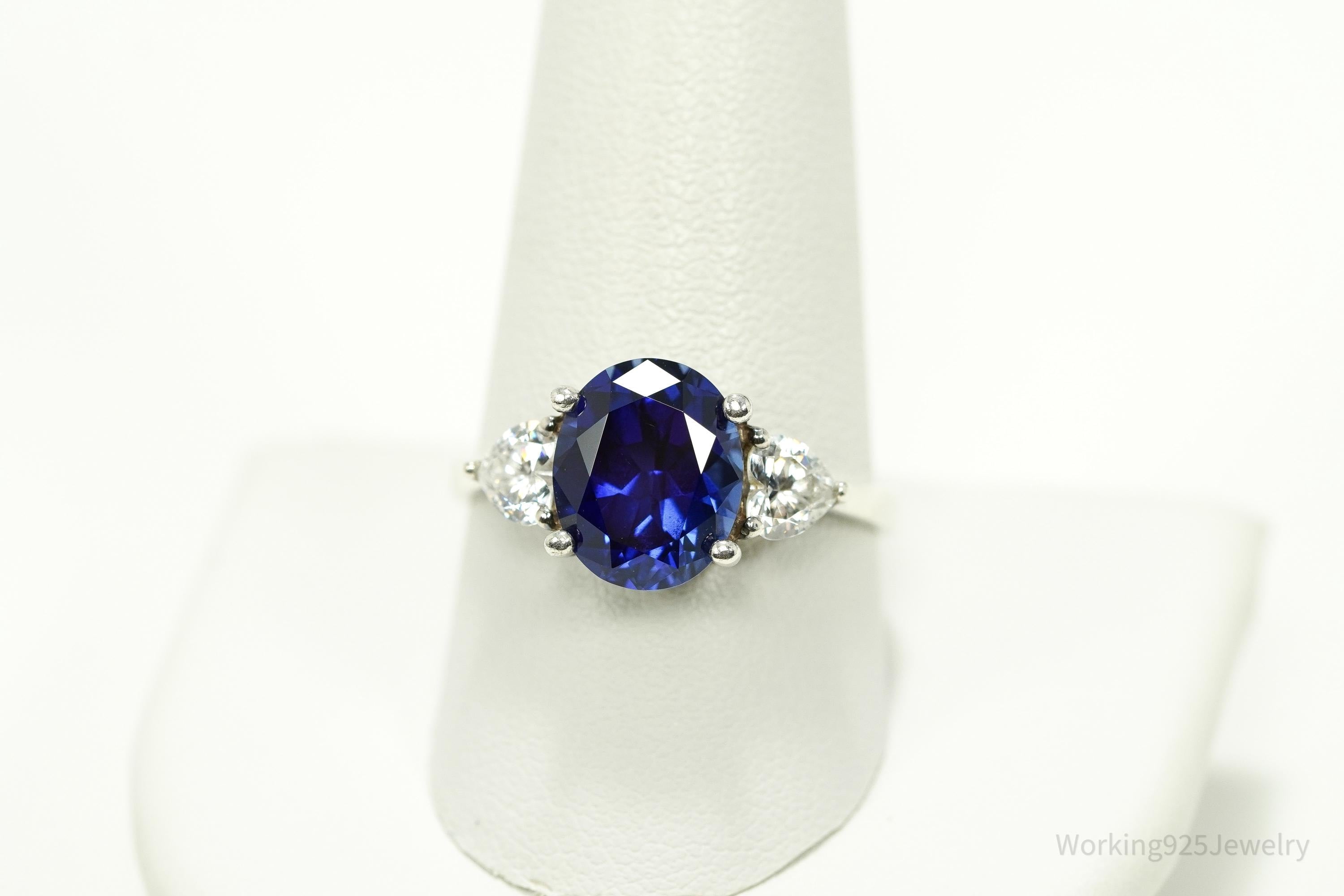 Vintage Lab Sapphire & Cubic Zirconia Sterling Silver Ring - Size 10.25