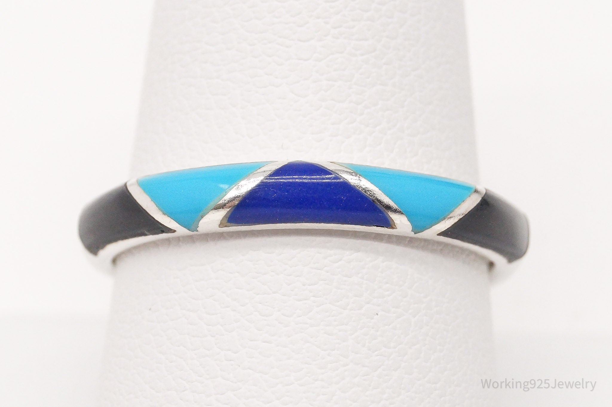 Vintage Turquoise Lapis Lazuli Black Onyx Inlay Sterling Silver Ring - Size 10