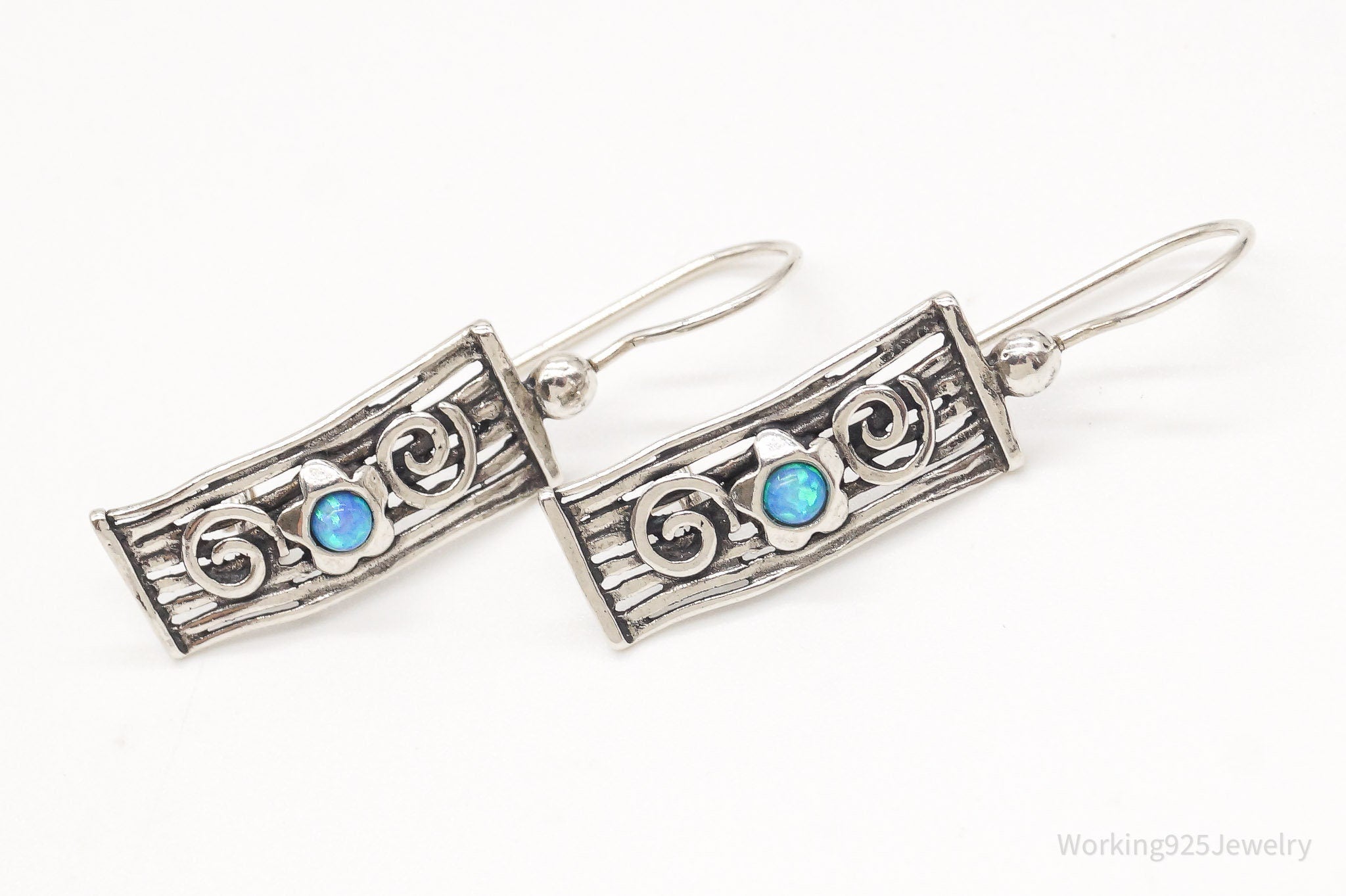 Vintage Blue Opal Flowers Sterling Silver Earrings