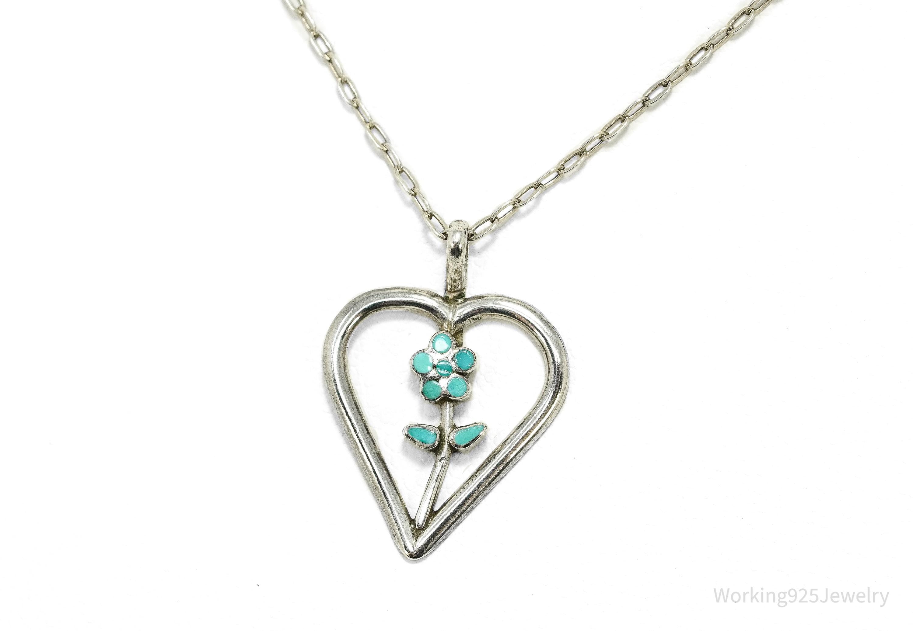 Vintage Turquoise Inlay Flower Heart Sterling Silver Chain Necklace 16"