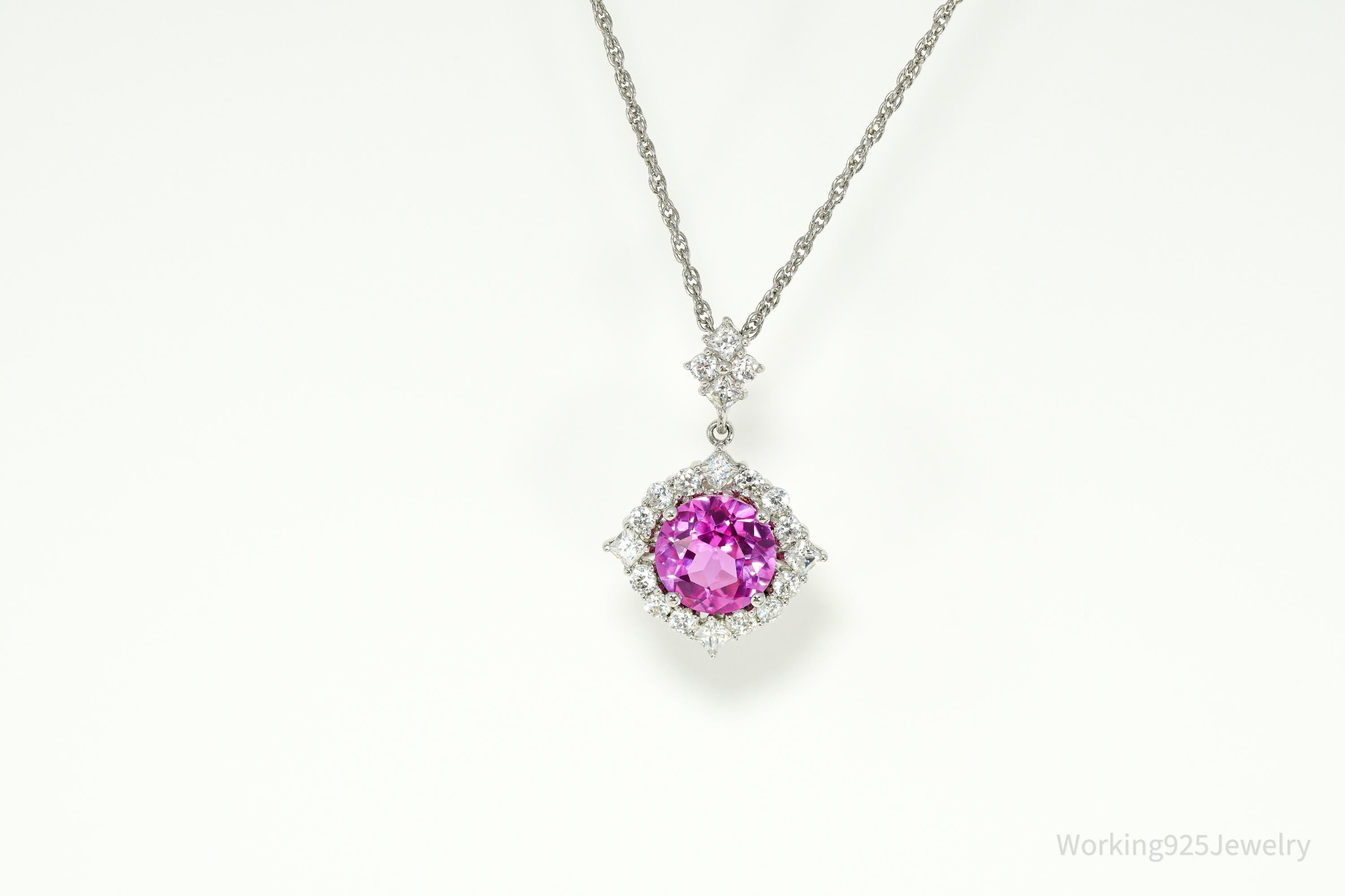 Vintage Synthetic Pink Sapphire & Cubic Zirconia Sterling Silver Necklace 18"