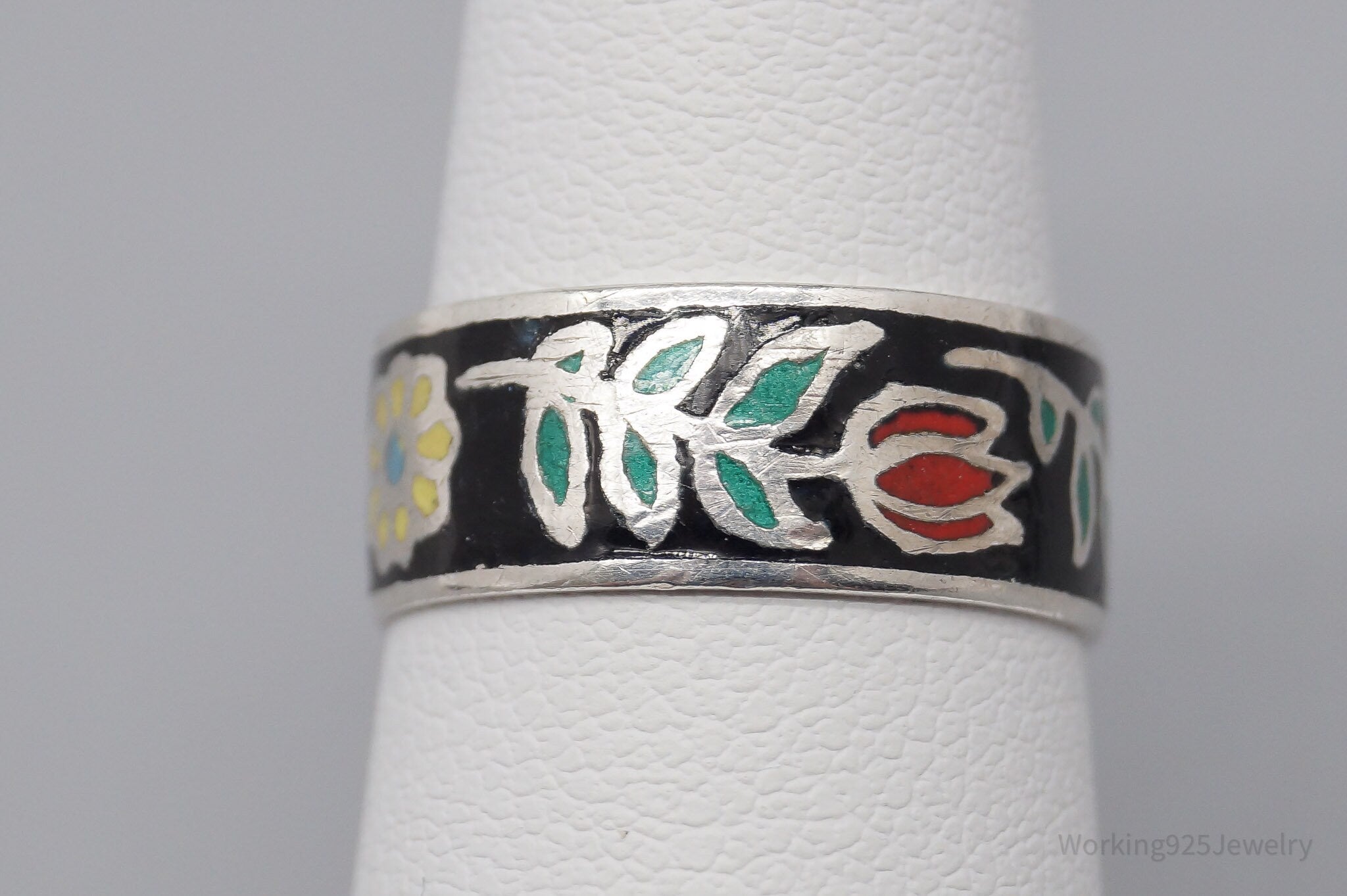 Vintage SIAM Flowers Enamel Sterling Silver Ring - Size 6