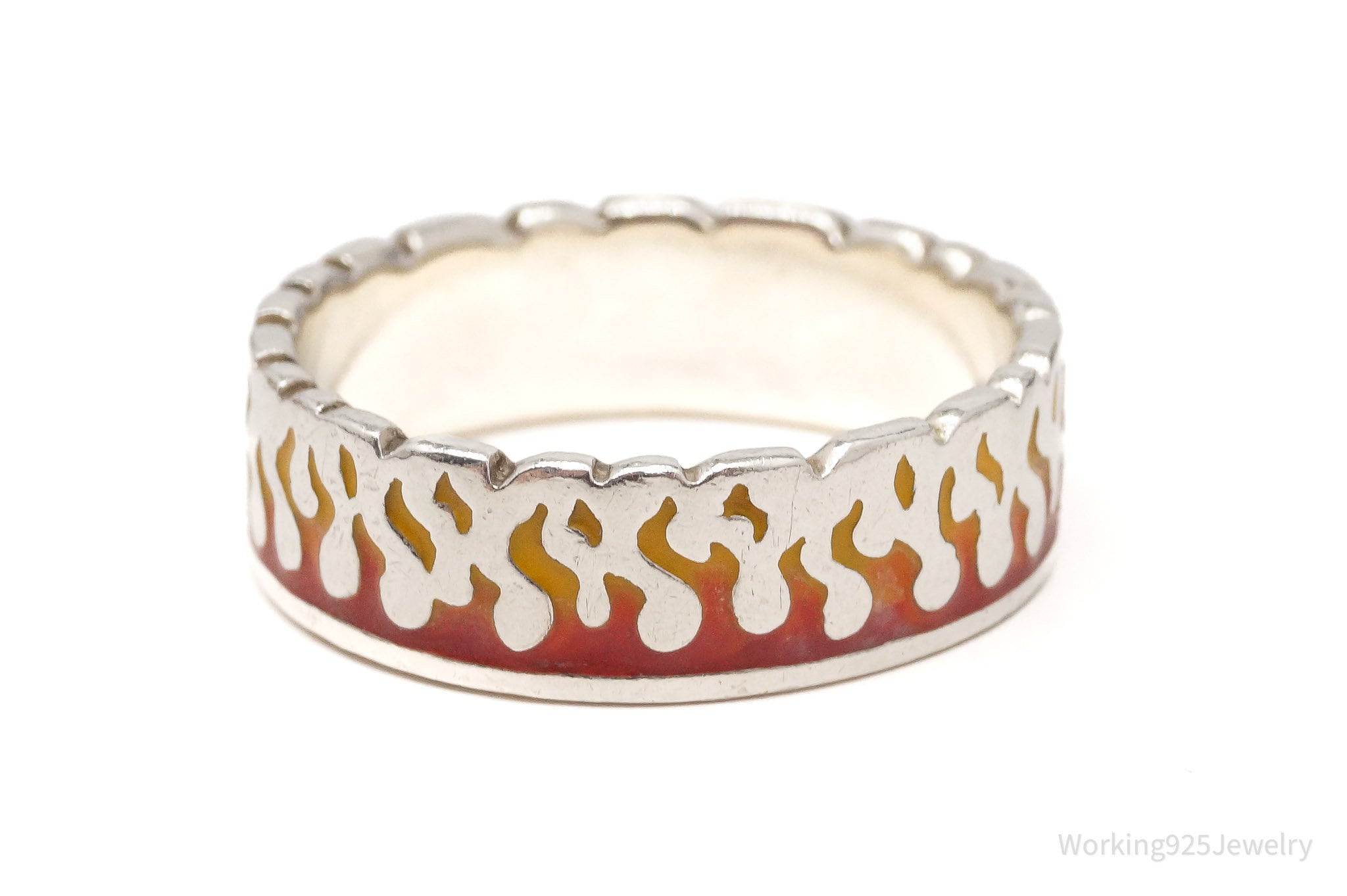 Vintage PSCL Fire Flames Enamel Sterling Silver Band Ring - Size 10.75