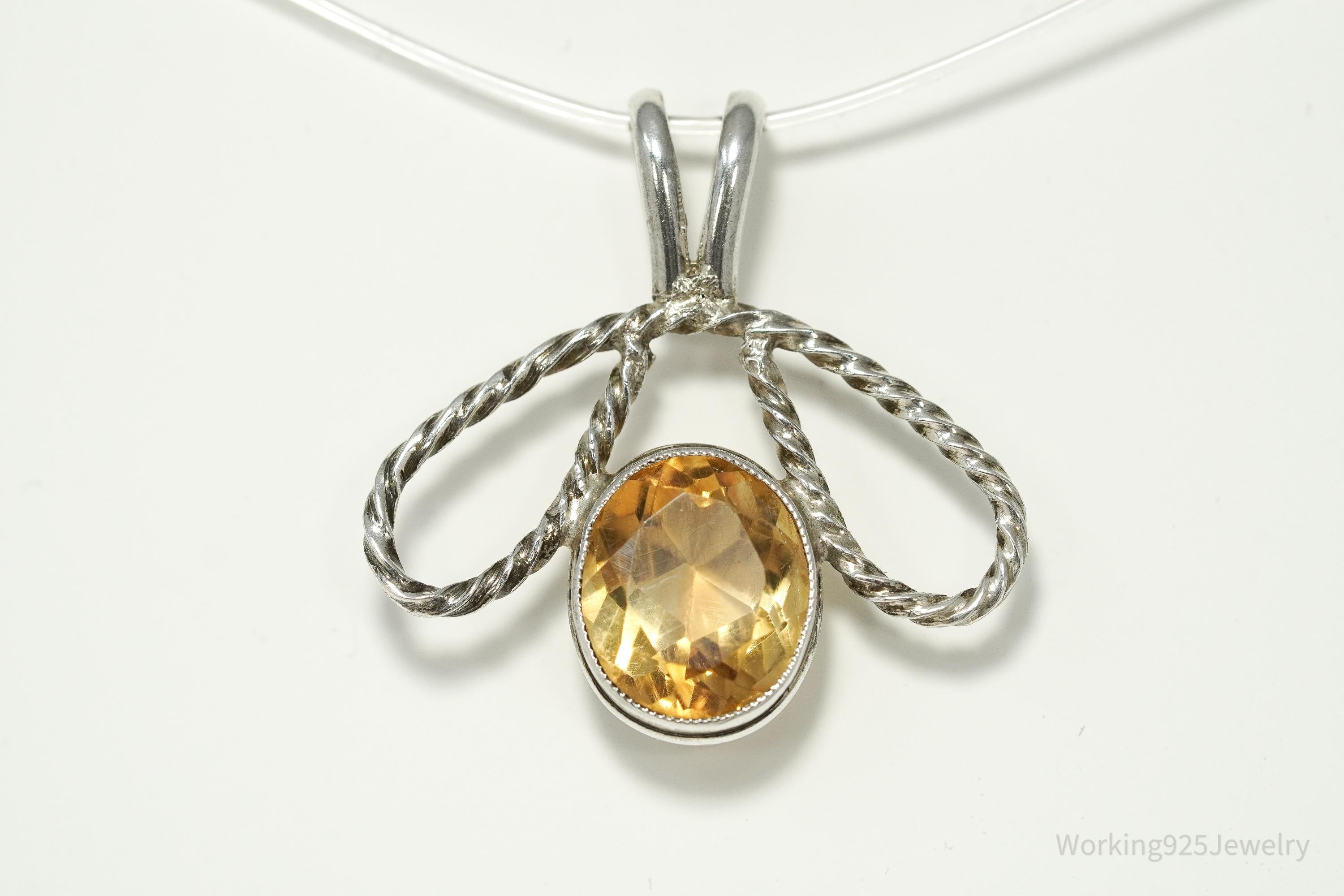 Vintage Retro Large Citrine Handmade Sterling Silver Necklace Pendant
